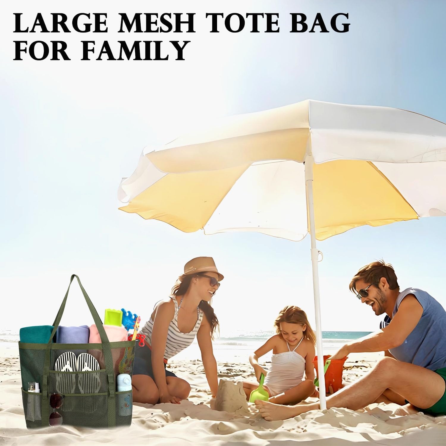 image:imageFammart Mesh Beach Bag for Women Large Beach Toy Pool Bag with Zipper Pocket SandProof Cruise Essentials 2026 Family TravelLarge Green