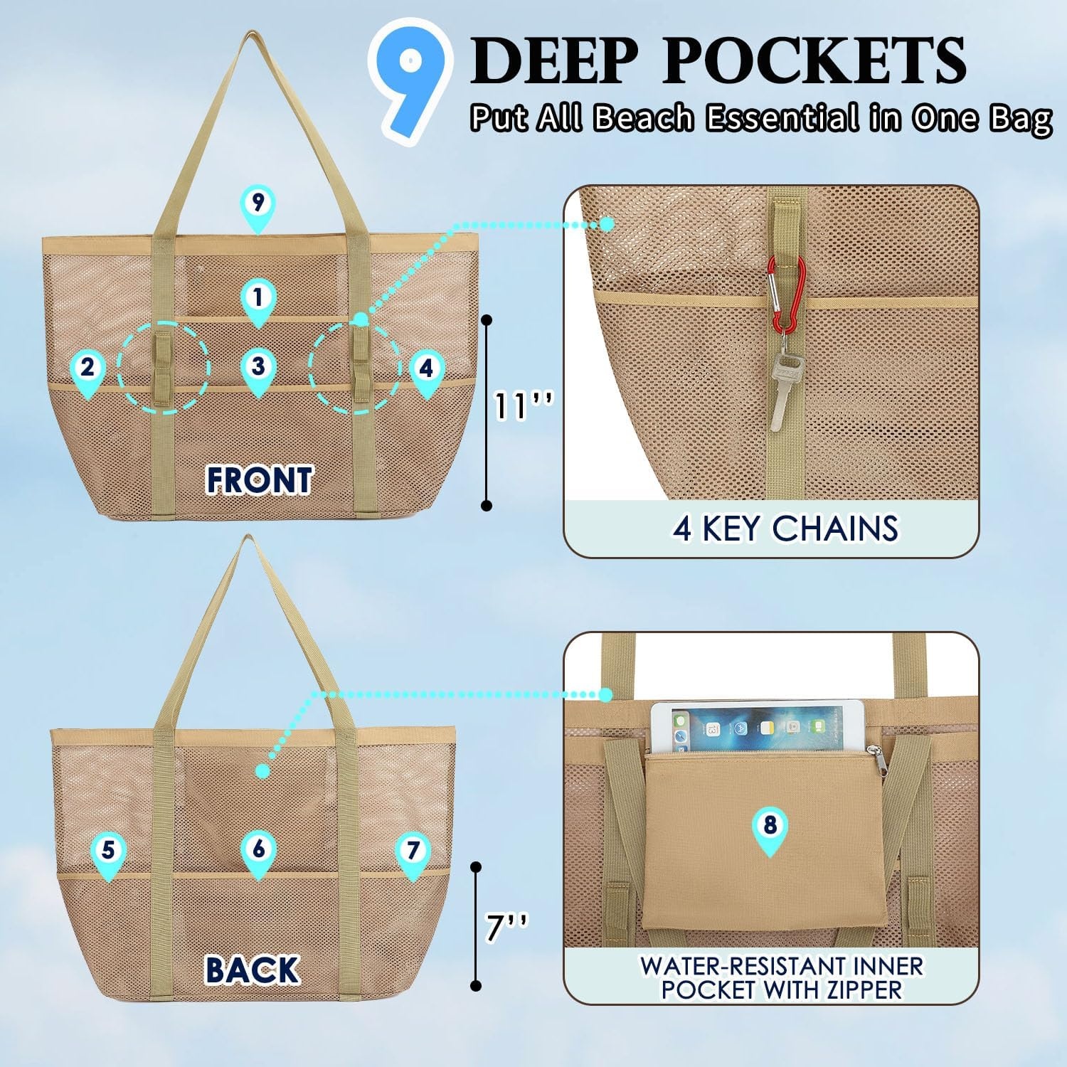 image:imageFammart Mesh Beach Bag for Women Large Beach Toy Pool Bag with Zipper Pocket SandProof Cruise Essentials 2026 Family TravelLarge Khaki