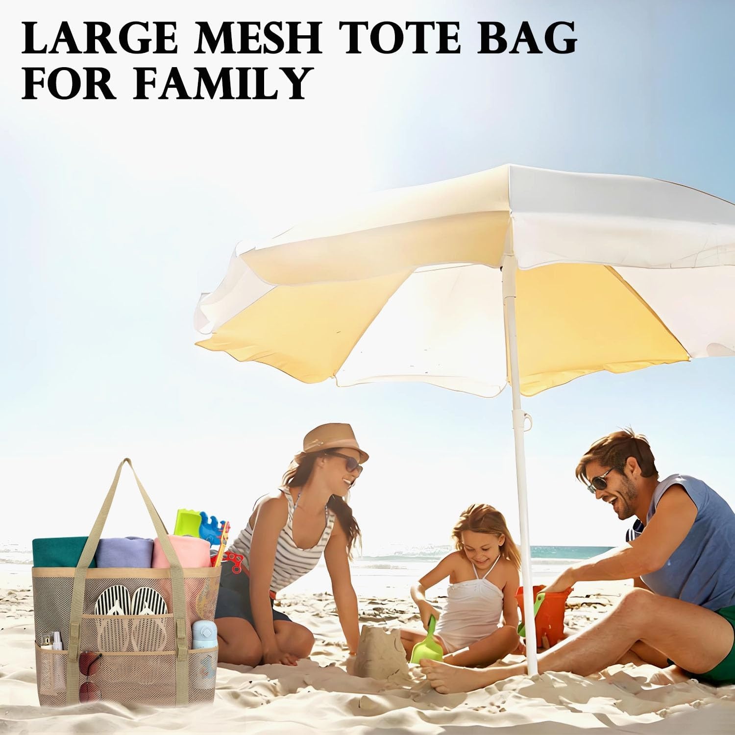 image:imageFammart Mesh Beach Bag for Women Large Beach Toy Pool Bag with Zipper Pocket SandProof Cruise Essentials 2026 Family TravelLarge Khaki