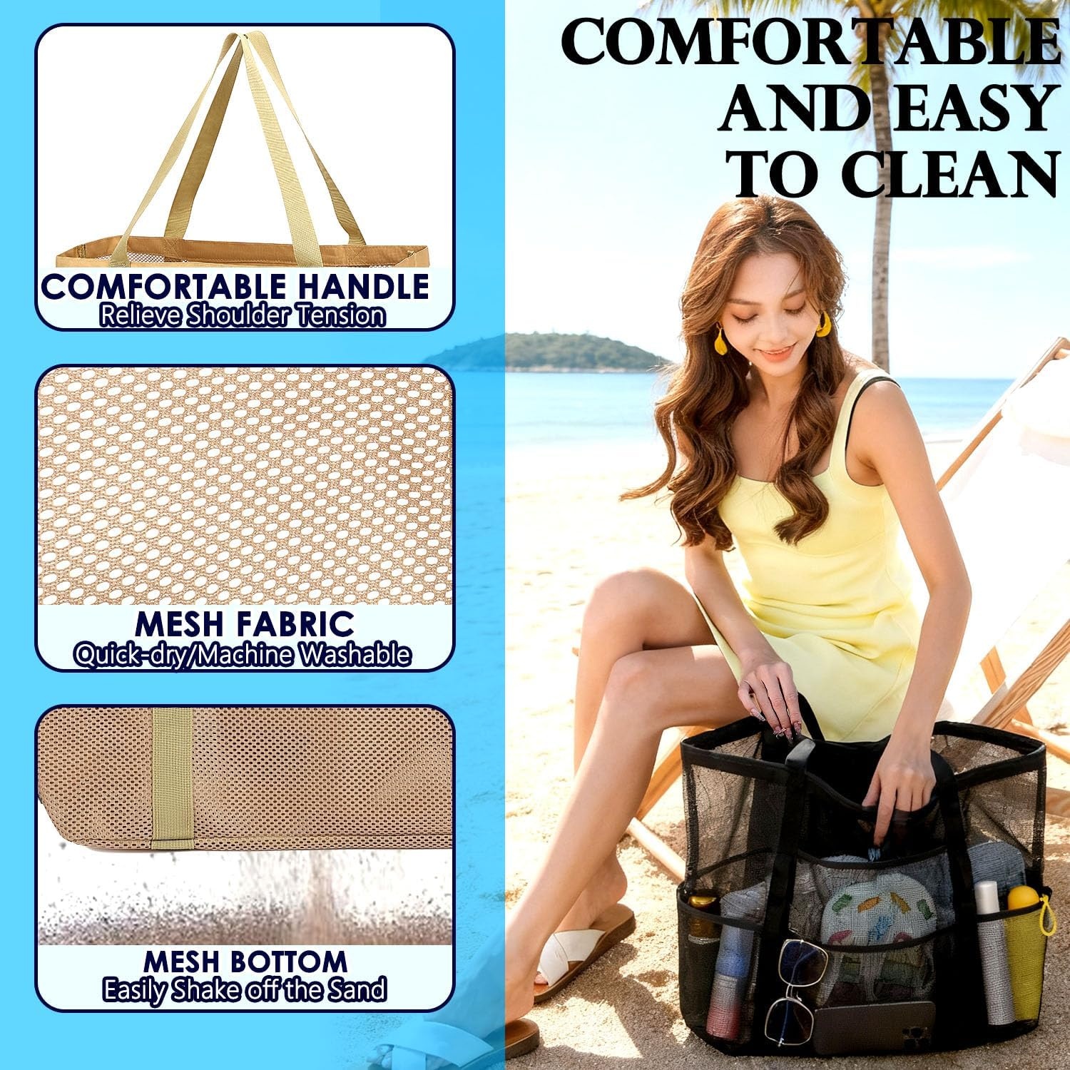 image:imageFammart Mesh Beach Bag for Women Large Beach Toy Pool Bag with Zipper Pocket SandProof Cruise Essentials 2026 Family TravelLarge Khaki