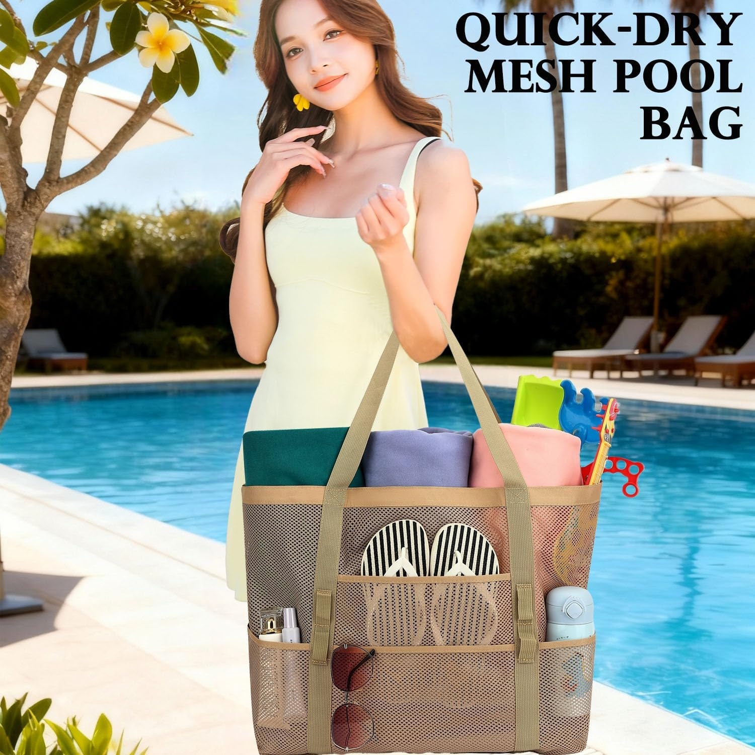image:imageFammart Mesh Beach Bag for Women Large Beach Toy Pool Bag with Zipper Pocket SandProof Cruise Essentials 2026 Family TravelLarge Khaki