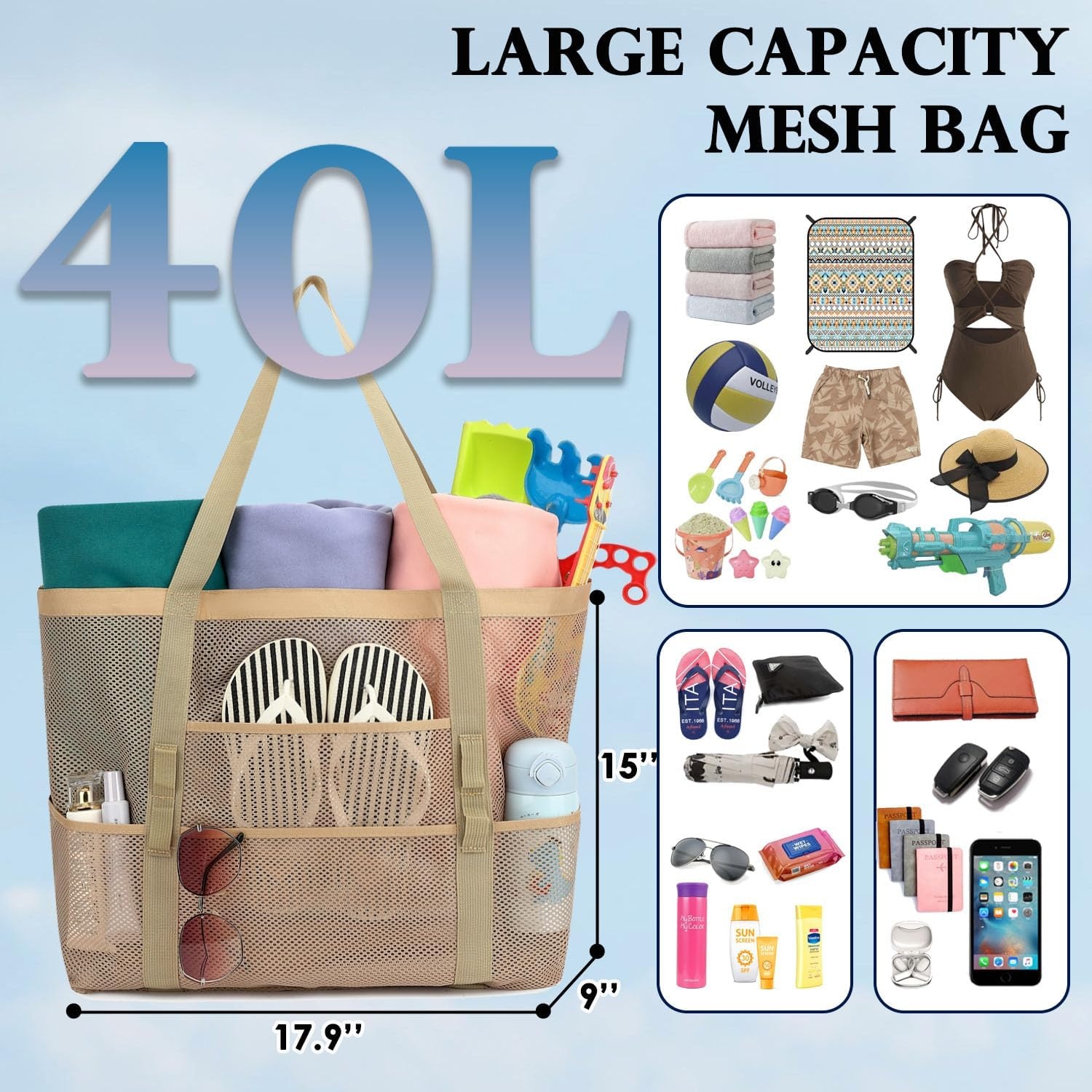 image:imageFammart Mesh Beach Bag for Women Large Beach Toy Pool Bag with Zipper Pocket SandProof Cruise Essentials 2026 Family TravelLarge Khaki