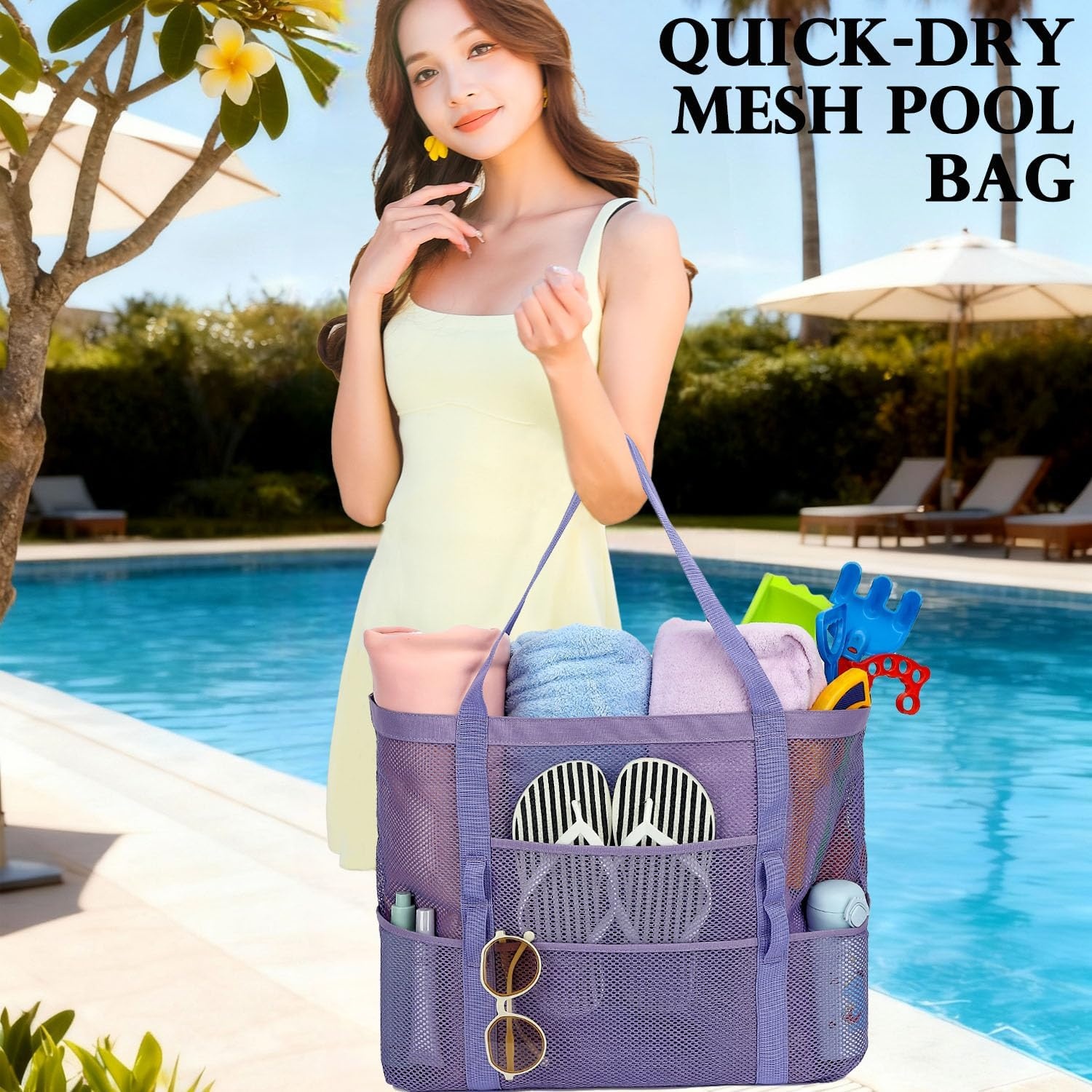 image:imageFammart Mesh Beach Bag for Women Large Beach Toy Pool Bag with Zipper Pocket SandProof Cruise Essentials 2026 Family TravelLarge Purple