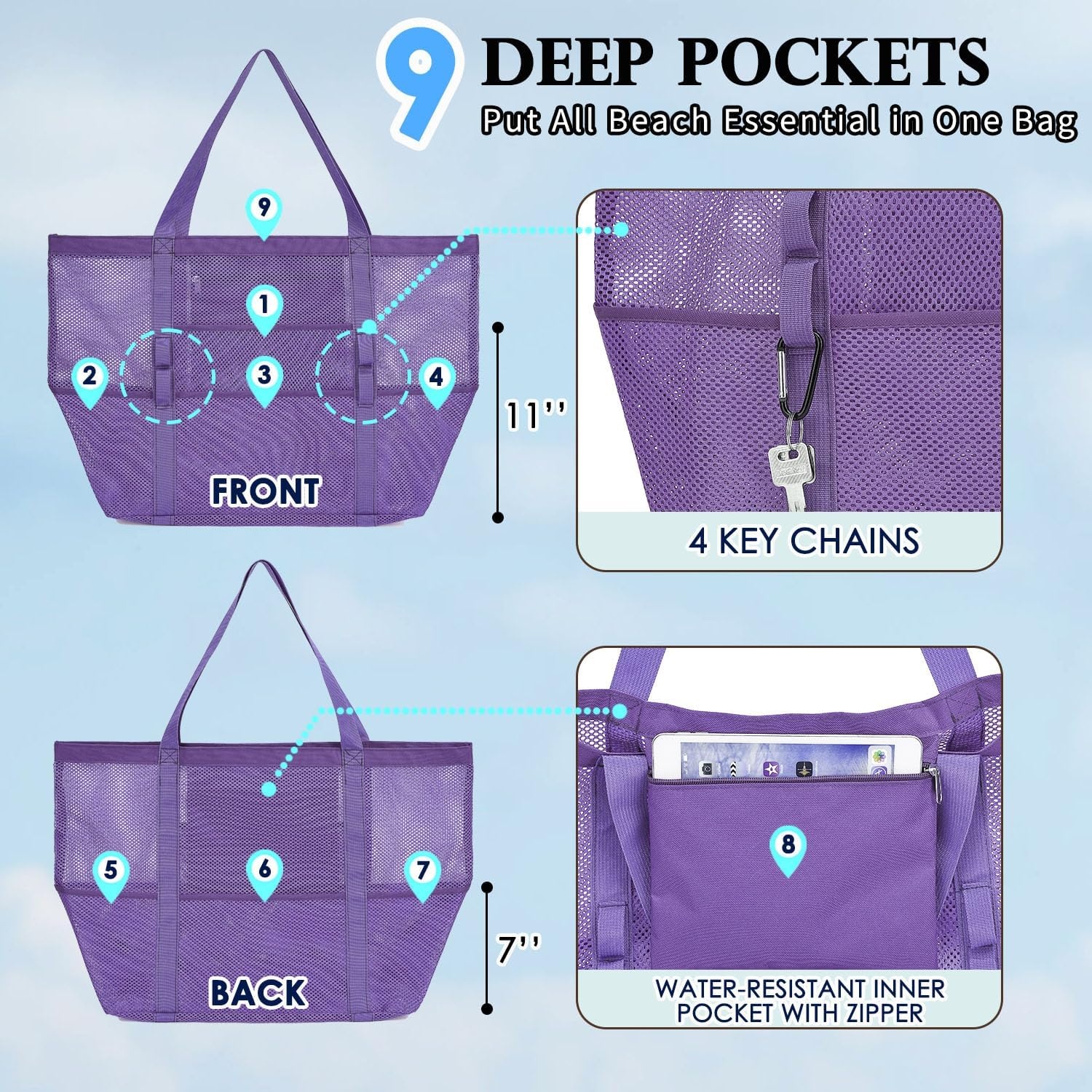 image:imageFammart Mesh Beach Bag for Women Large Beach Toy Pool Bag with Zipper Pocket SandProof Cruise Essentials 2026 Family TravelLarge Purple