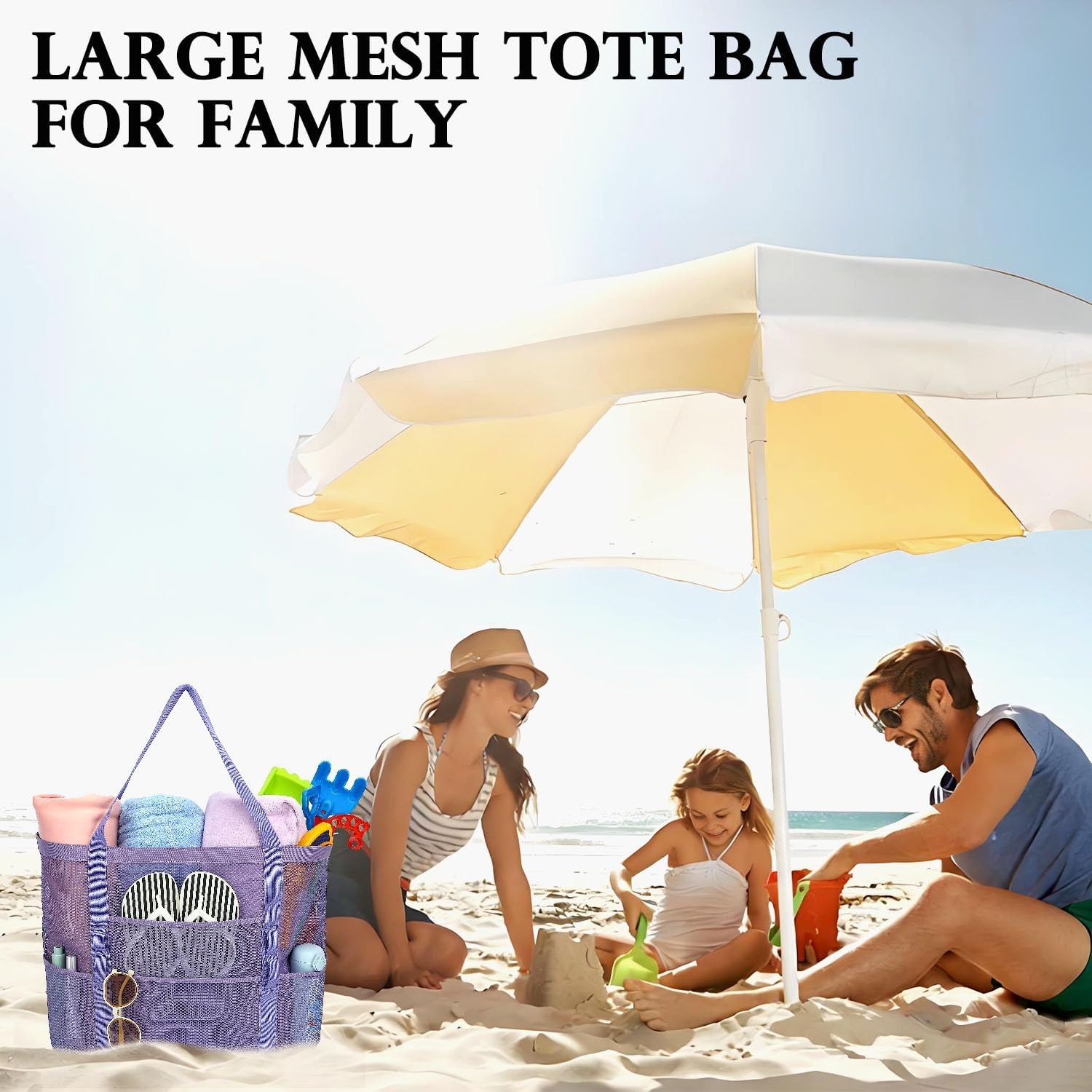 image:imageFammart Mesh Beach Bag for Women Large Beach Toy Pool Bag with Zipper Pocket SandProof Cruise Essentials 2026 Family TravelLarge Purple