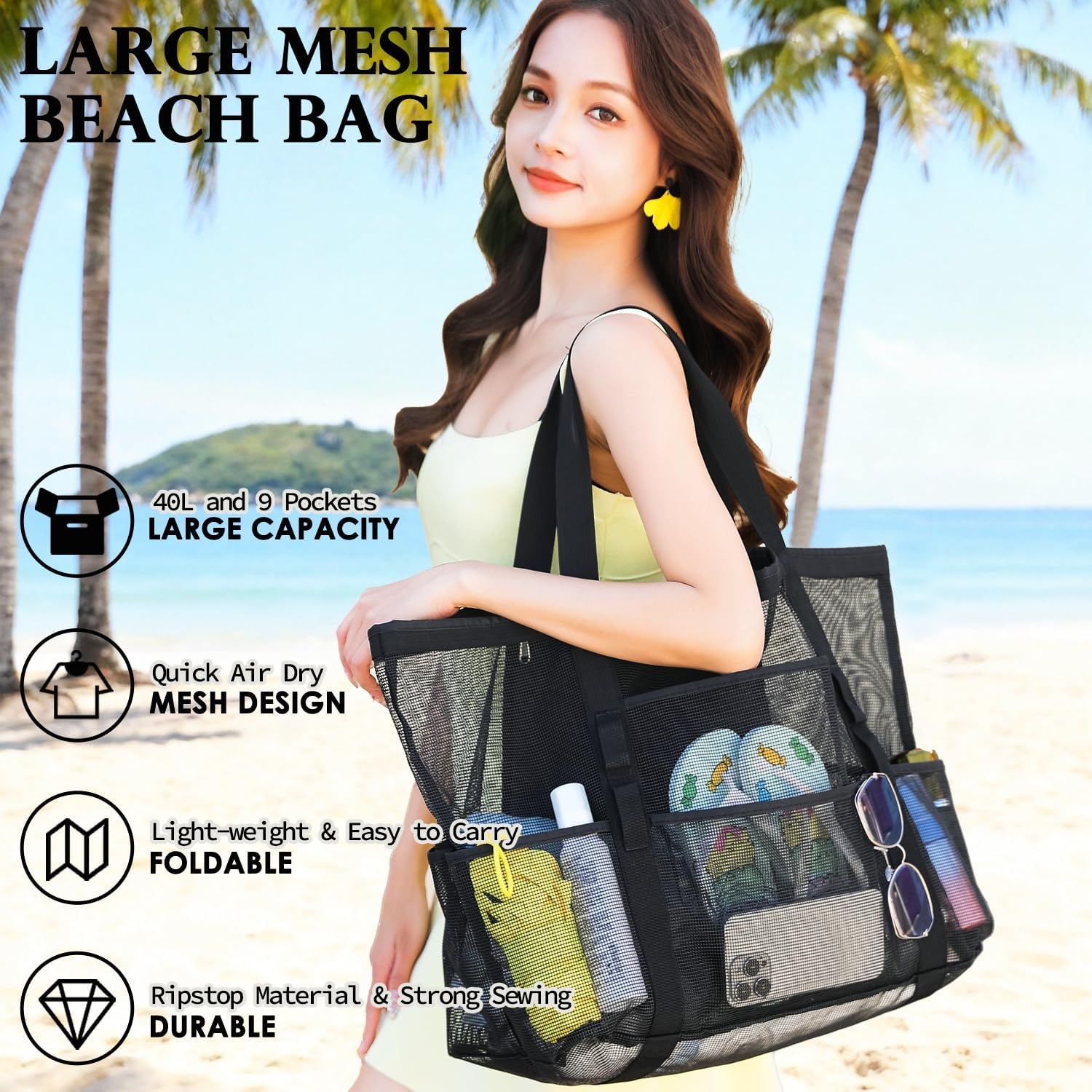 image:imageFammart Mesh Beach Bag for Women Large Beach Toy Pool Bag with Zipper Pocket SandProof Cruise Essentials 2026 Family TravelLarge Purple