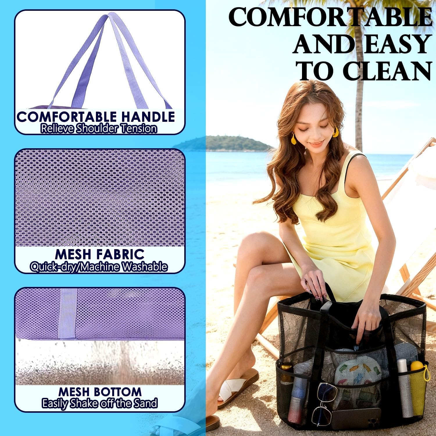 image:imageFammart Mesh Beach Bag for Women Large Beach Toy Pool Bag with Zipper Pocket SandProof Cruise Essentials 2026 Family TravelLarge Purple