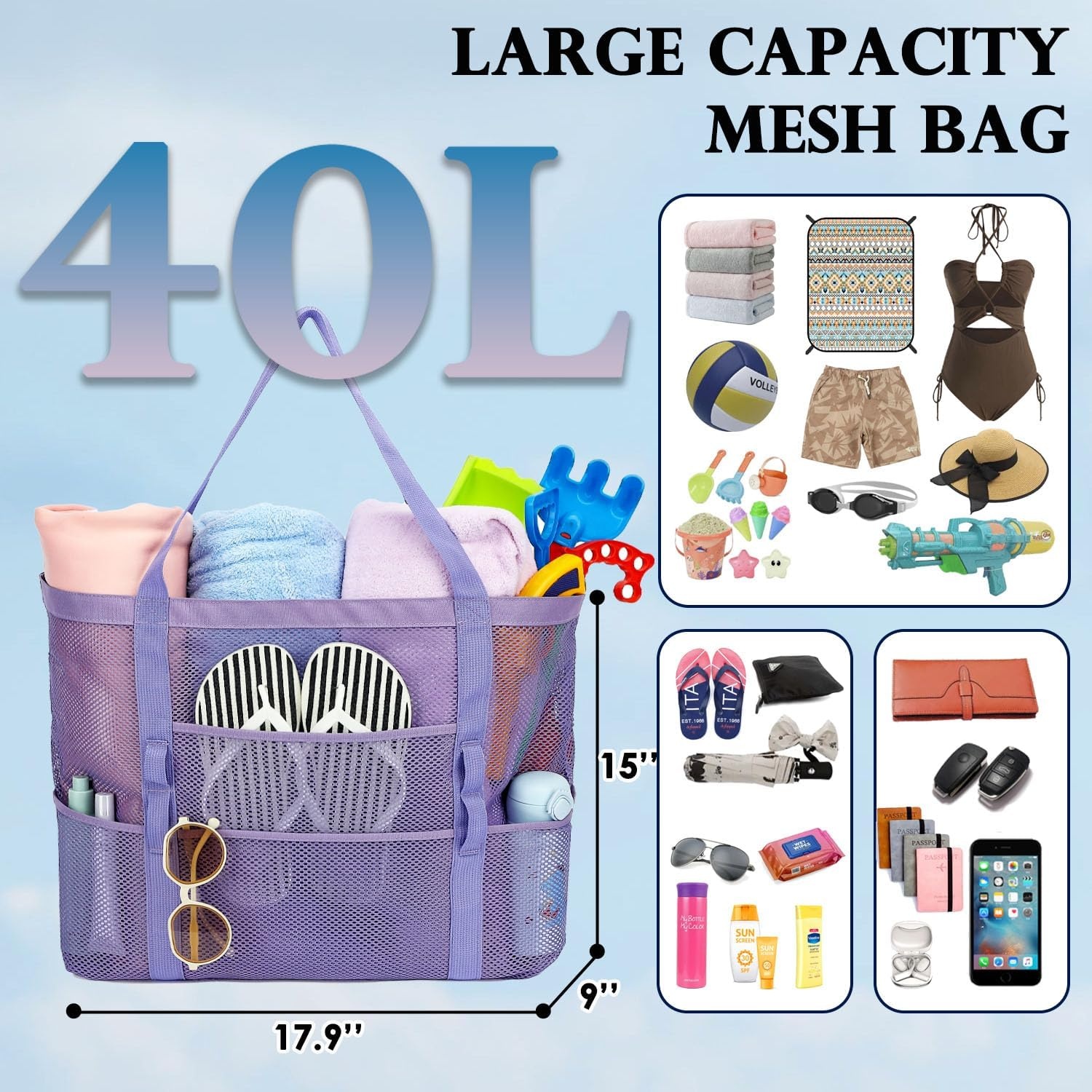 image:imageFammart Mesh Beach Bag for Women Large Beach Toy Pool Bag with Zipper Pocket SandProof Cruise Essentials 2026 Family TravelLarge Purple