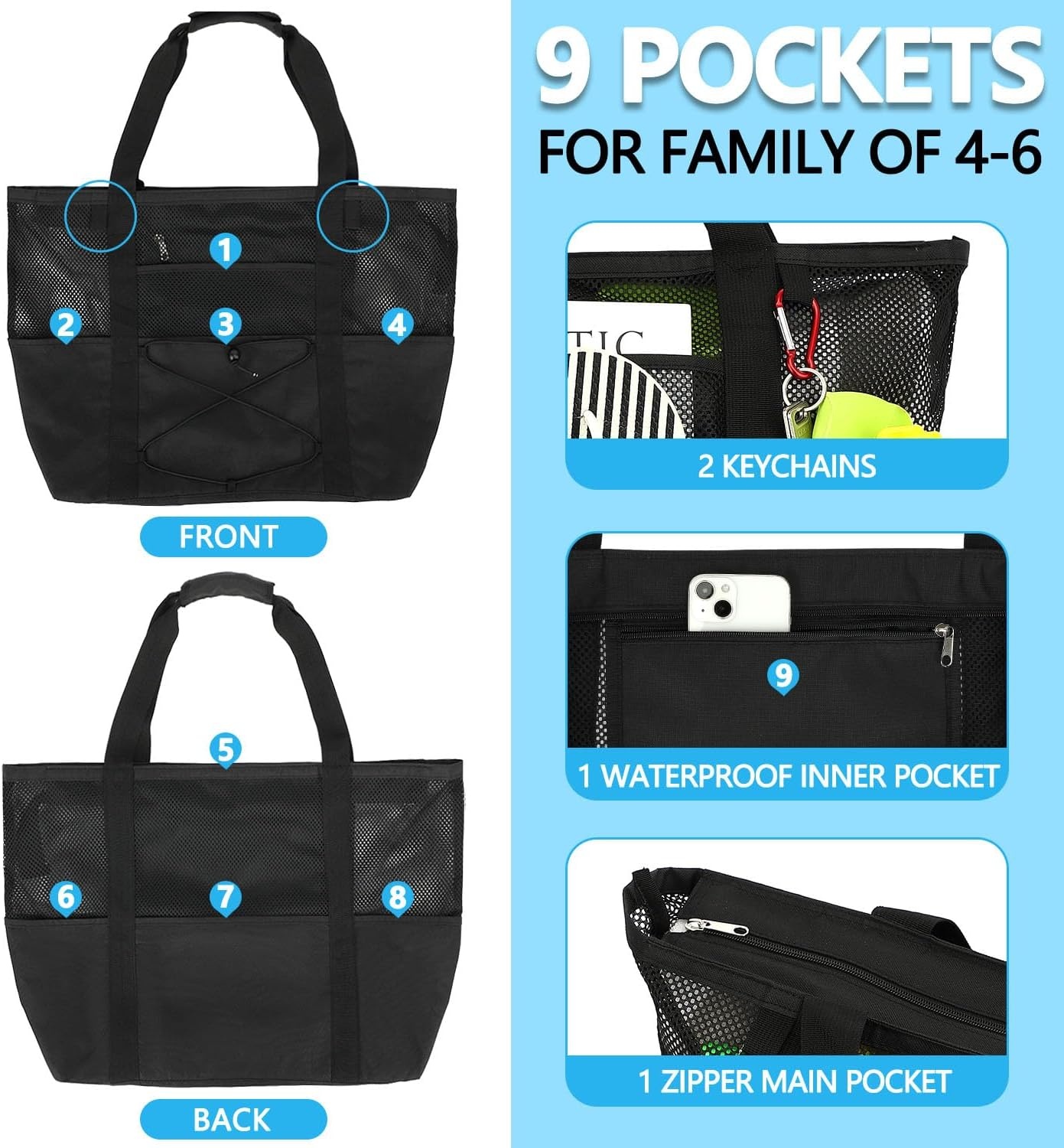 image:imageFammart Mesh Beach Bag for Women Large Beach Toy Pool Bag with Zipper Pocket SandProof Cruise Essentials 2026 Family TravelLarge Sandproof Black