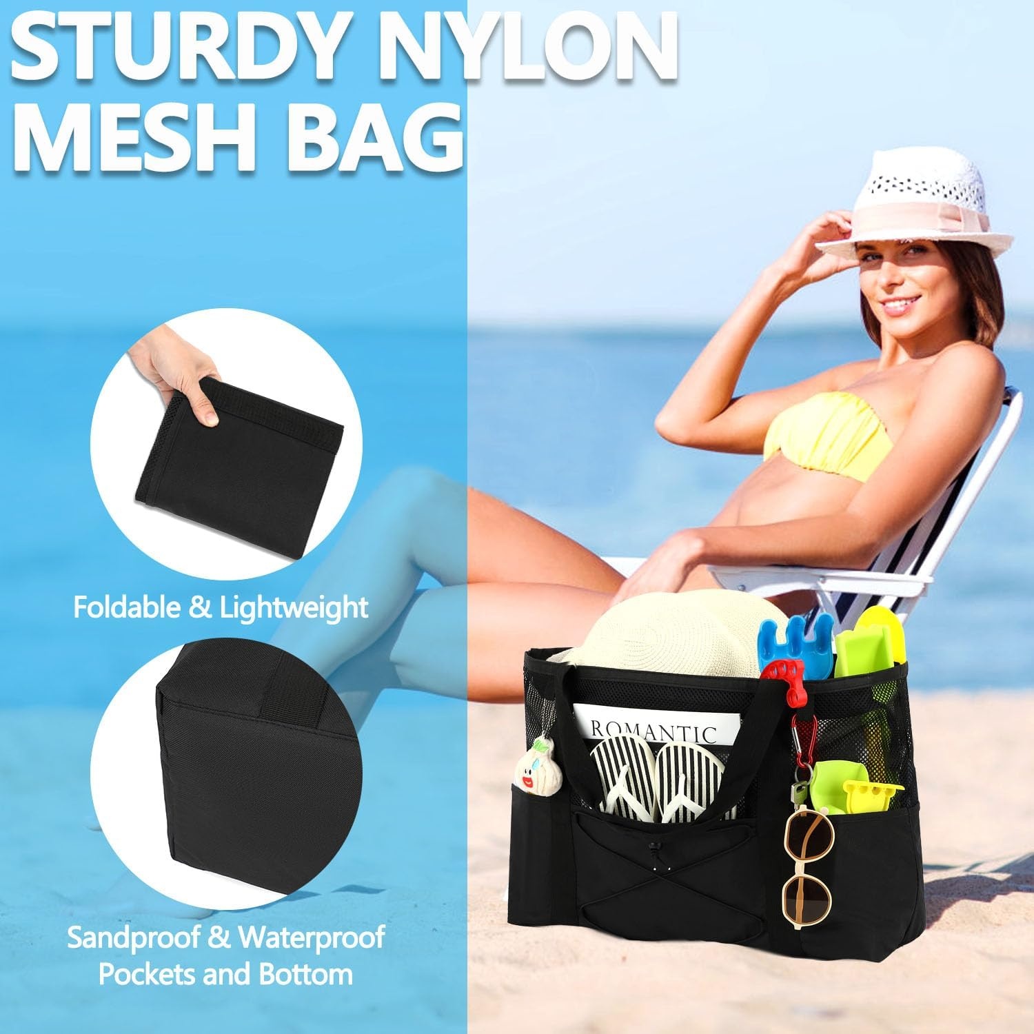 image:imageFammart Mesh Beach Bag for Women Large Beach Toy Pool Bag with Zipper Pocket SandProof Cruise Essentials 2026 Family TravelLarge Sandproof Black