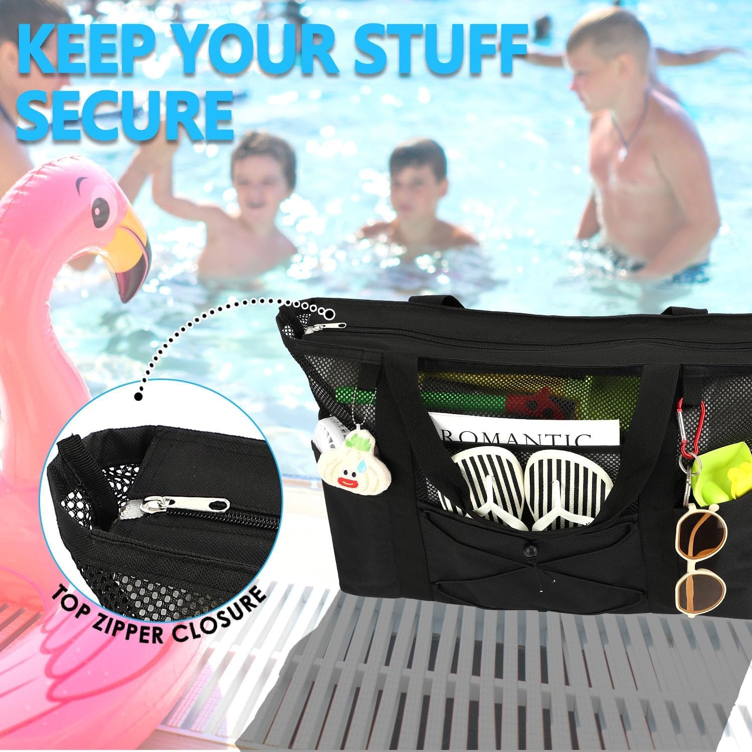 image:imageFammart Mesh Beach Bag for Women Large Beach Toy Pool Bag with Zipper Pocket SandProof Cruise Essentials 2026 Family TravelLarge Sandproof Black