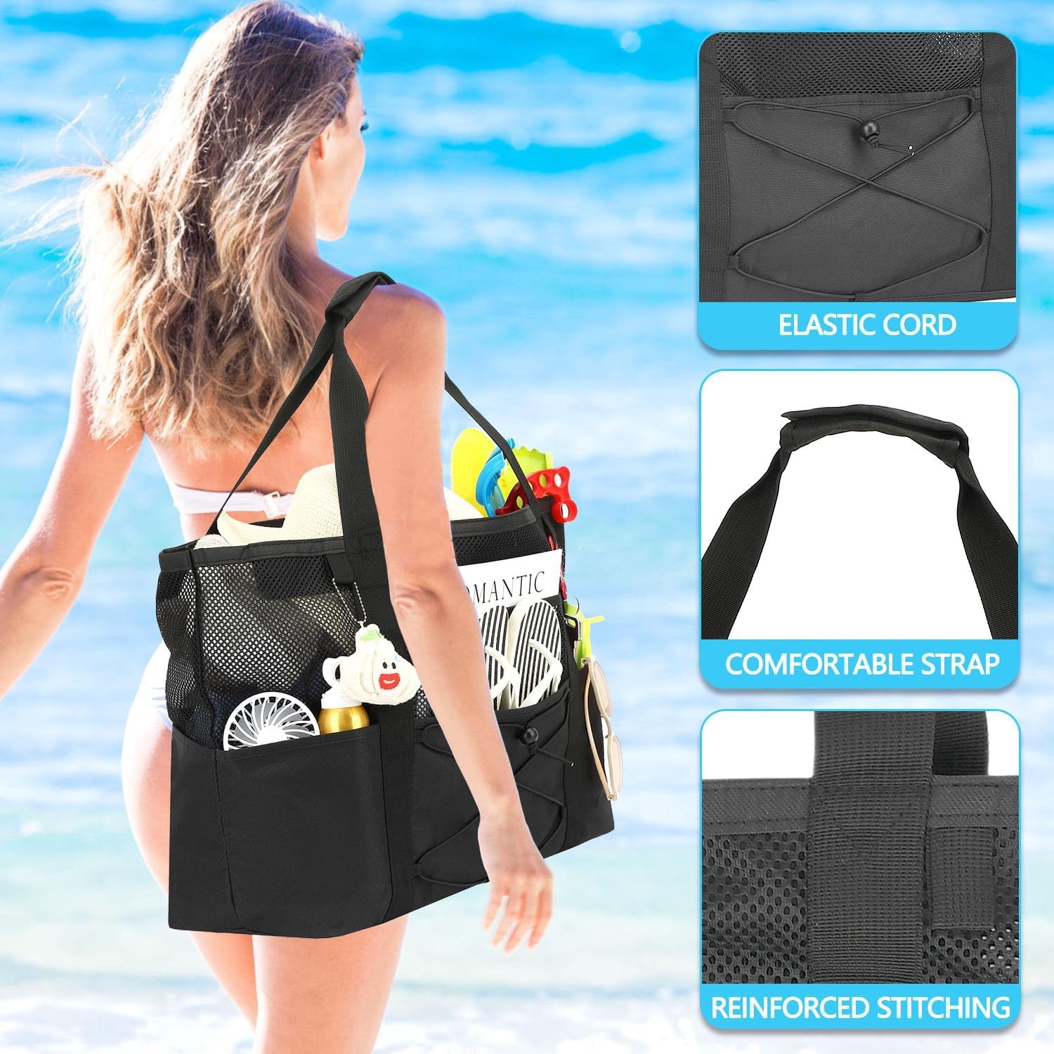 image:imageFammart Mesh Beach Bag for Women Large Beach Toy Pool Bag with Zipper Pocket SandProof Cruise Essentials 2026 Family TravelLarge Sandproof Black