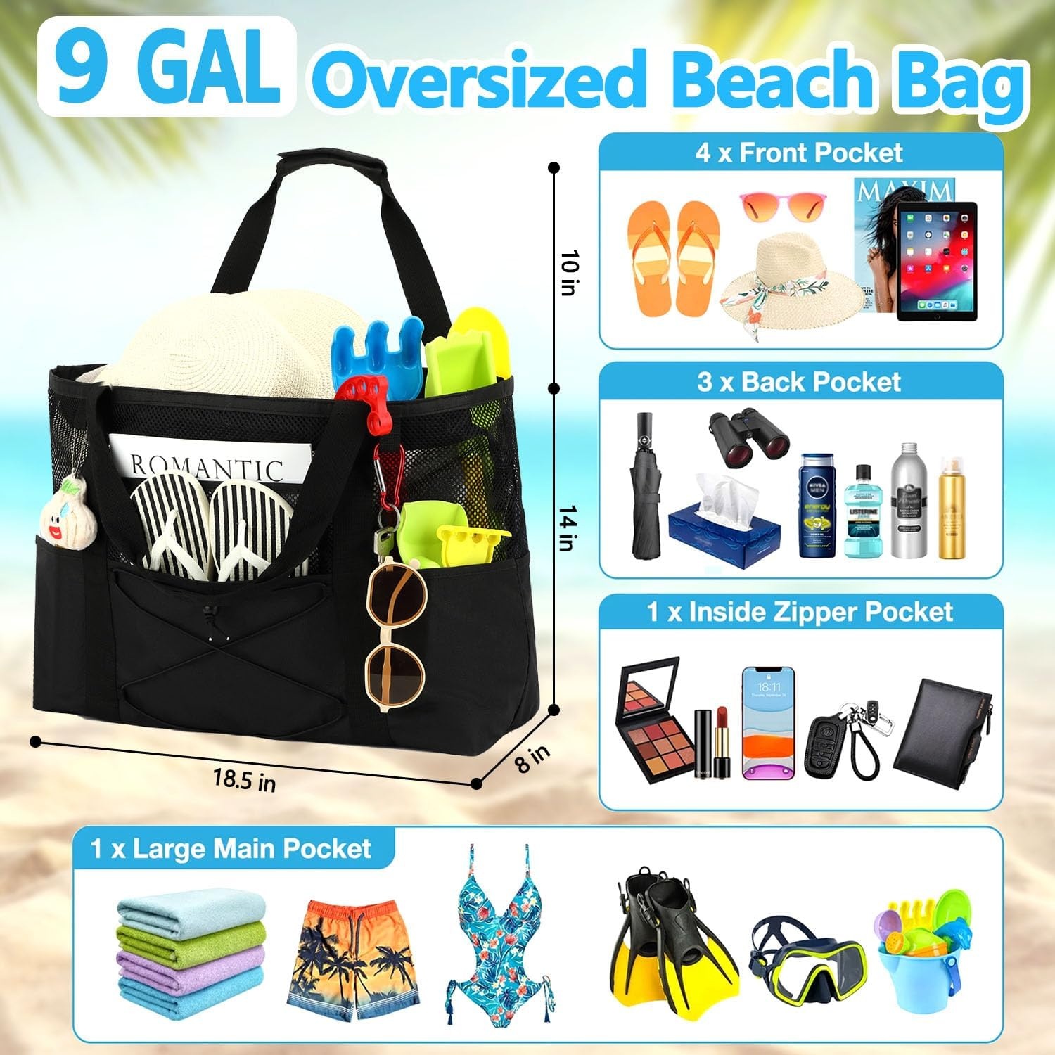 image:imageFammart Mesh Beach Bag for Women Large Beach Toy Pool Bag with Zipper Pocket SandProof Cruise Essentials 2026 Family TravelLarge Sandproof Black