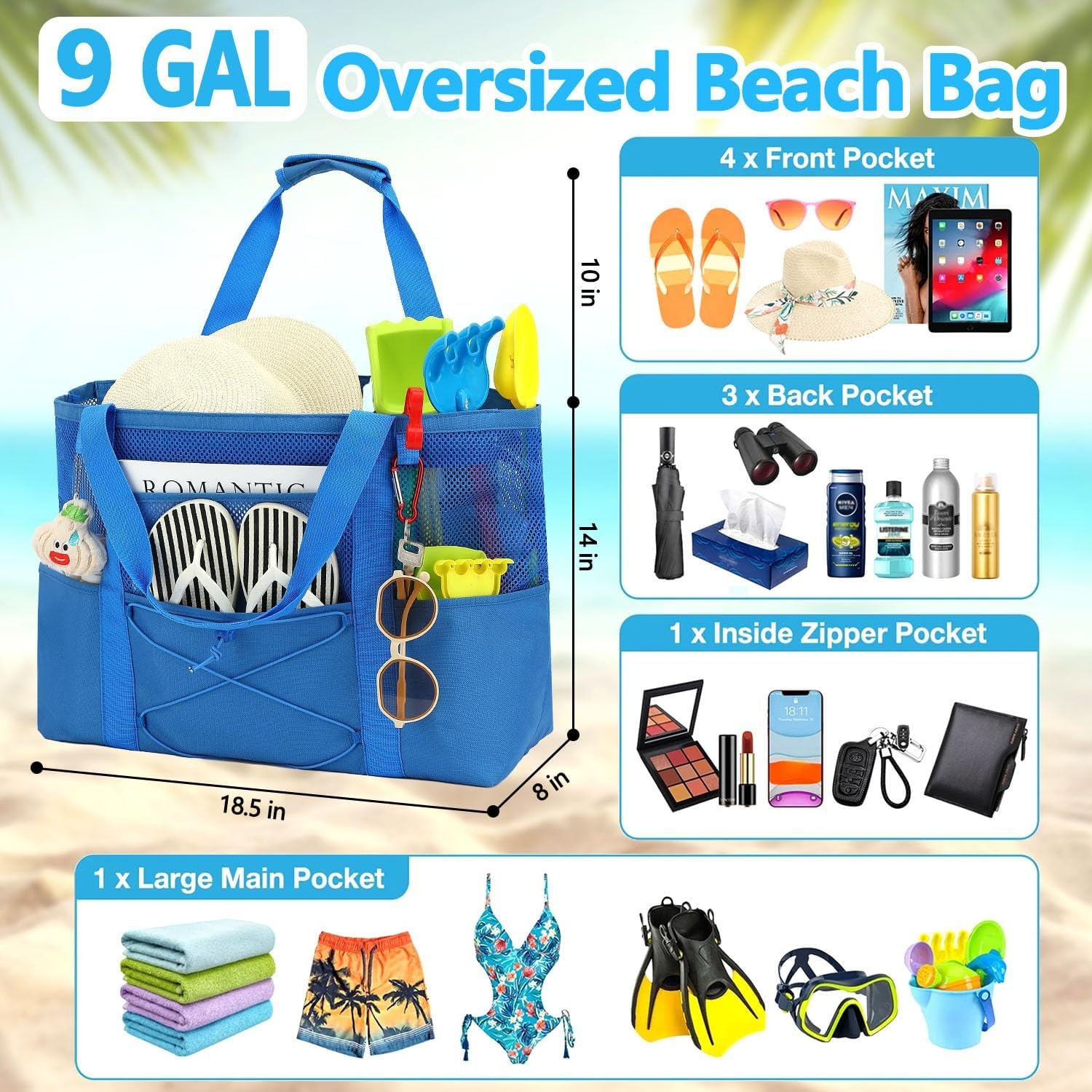 image:imageFammart Mesh Beach Bag for Women Large Beach Toy Pool Bag with Zipper Pocket SandProof Cruise Essentials 2026 Family TravelLarge Sandproof Blue