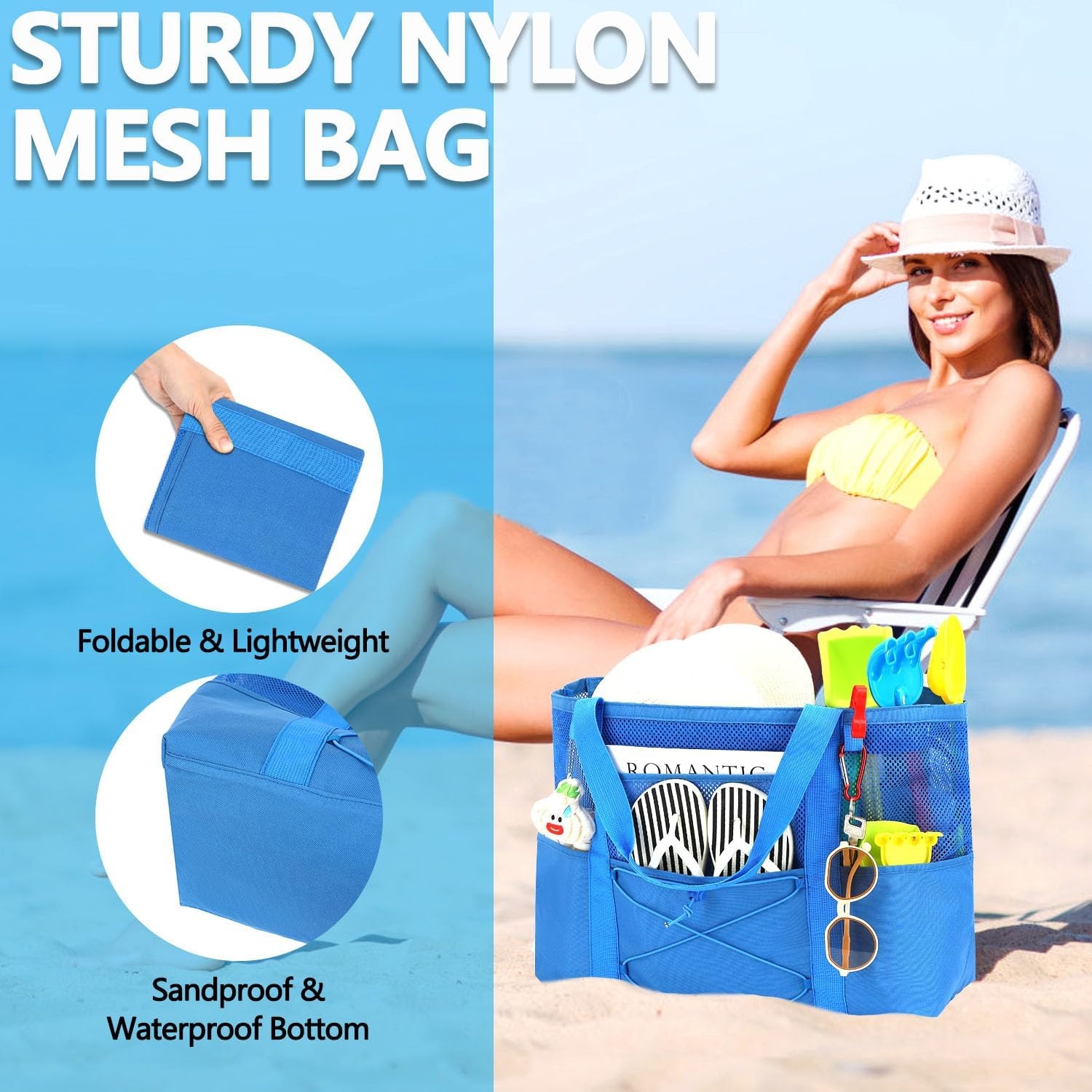image:imageFammart Mesh Beach Bag for Women Large Beach Toy Pool Bag with Zipper Pocket SandProof Cruise Essentials 2026 Family TravelLarge Sandproof Blue