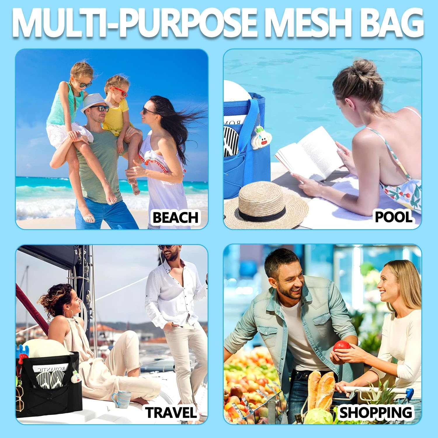 image:imageFammart Mesh Beach Bag for Women Large Beach Toy Pool Bag with Zipper Pocket SandProof Cruise Essentials 2026 Family TravelLarge Sandproof Blue