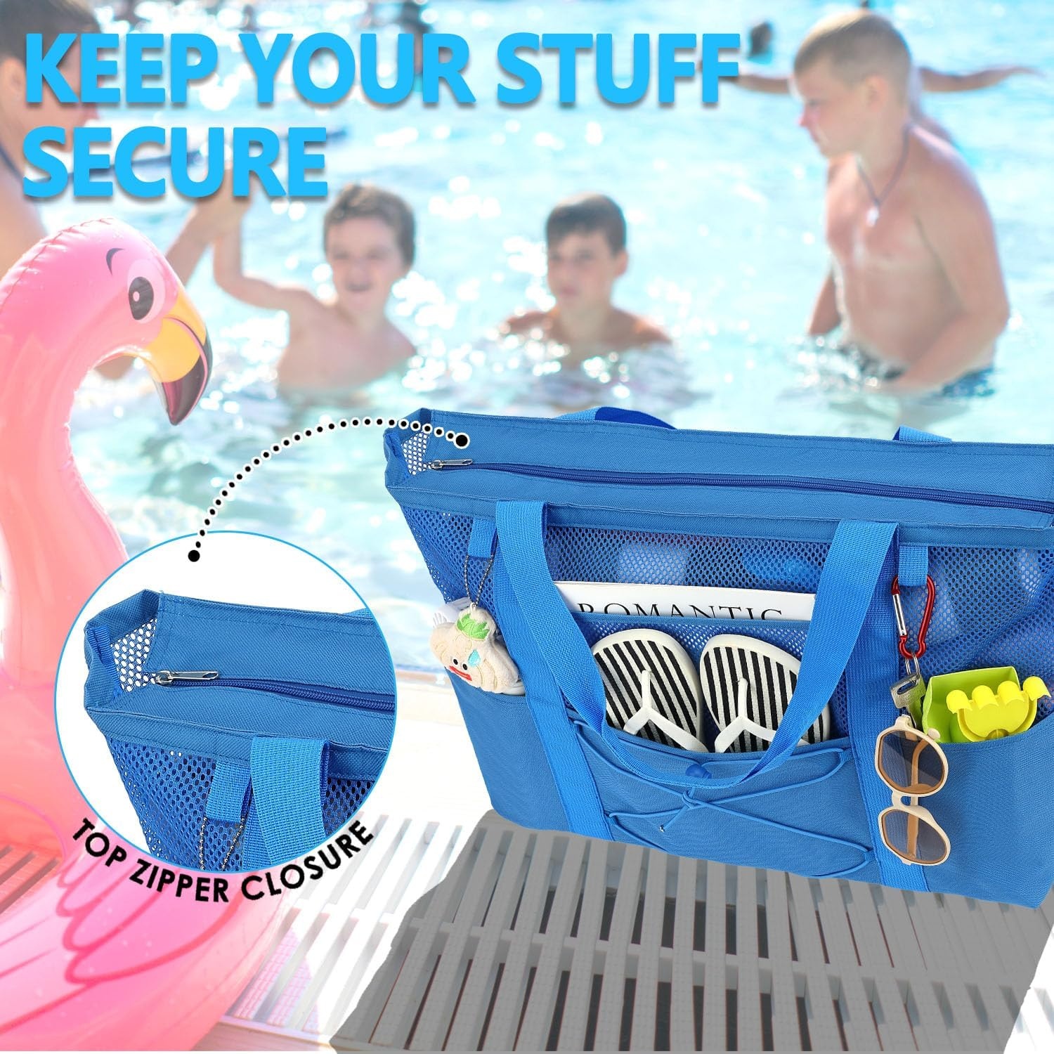 image:imageFammart Mesh Beach Bag for Women Large Beach Toy Pool Bag with Zipper Pocket SandProof Cruise Essentials 2026 Family TravelLarge Sandproof Blue