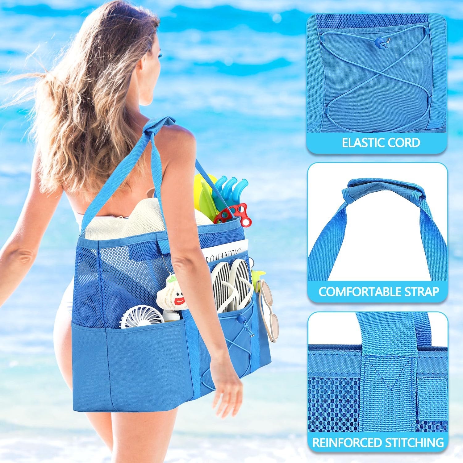 image:imageFammart Mesh Beach Bag for Women Large Beach Toy Pool Bag with Zipper Pocket SandProof Cruise Essentials 2026 Family TravelLarge Sandproof Blue