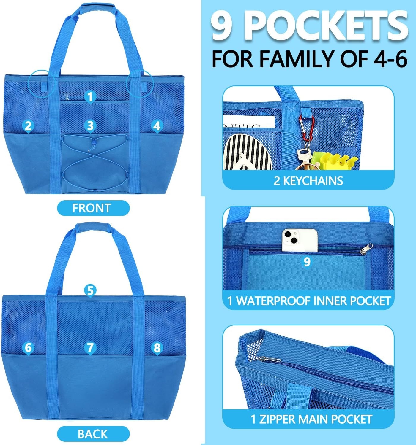 image:imageFammart Mesh Beach Bag for Women Large Beach Toy Pool Bag with Zipper Pocket SandProof Cruise Essentials 2026 Family TravelLarge Sandproof Blue