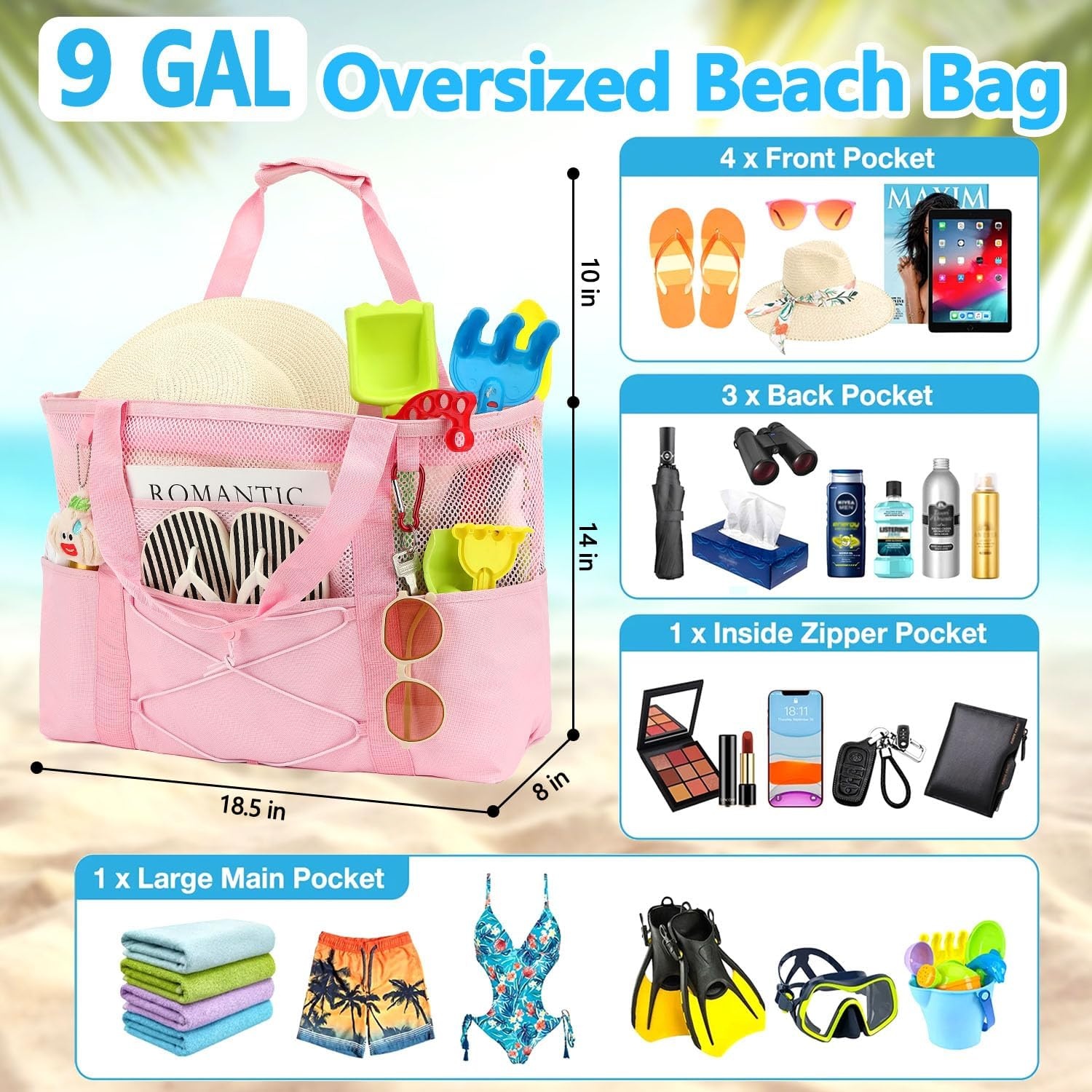 image:imageFammart Mesh Beach Bag for Women Large Beach Toy Pool Bag with Zipper Pocket SandProof Cruise Essentials 2026 Family TravelLarge Sandproof Pink