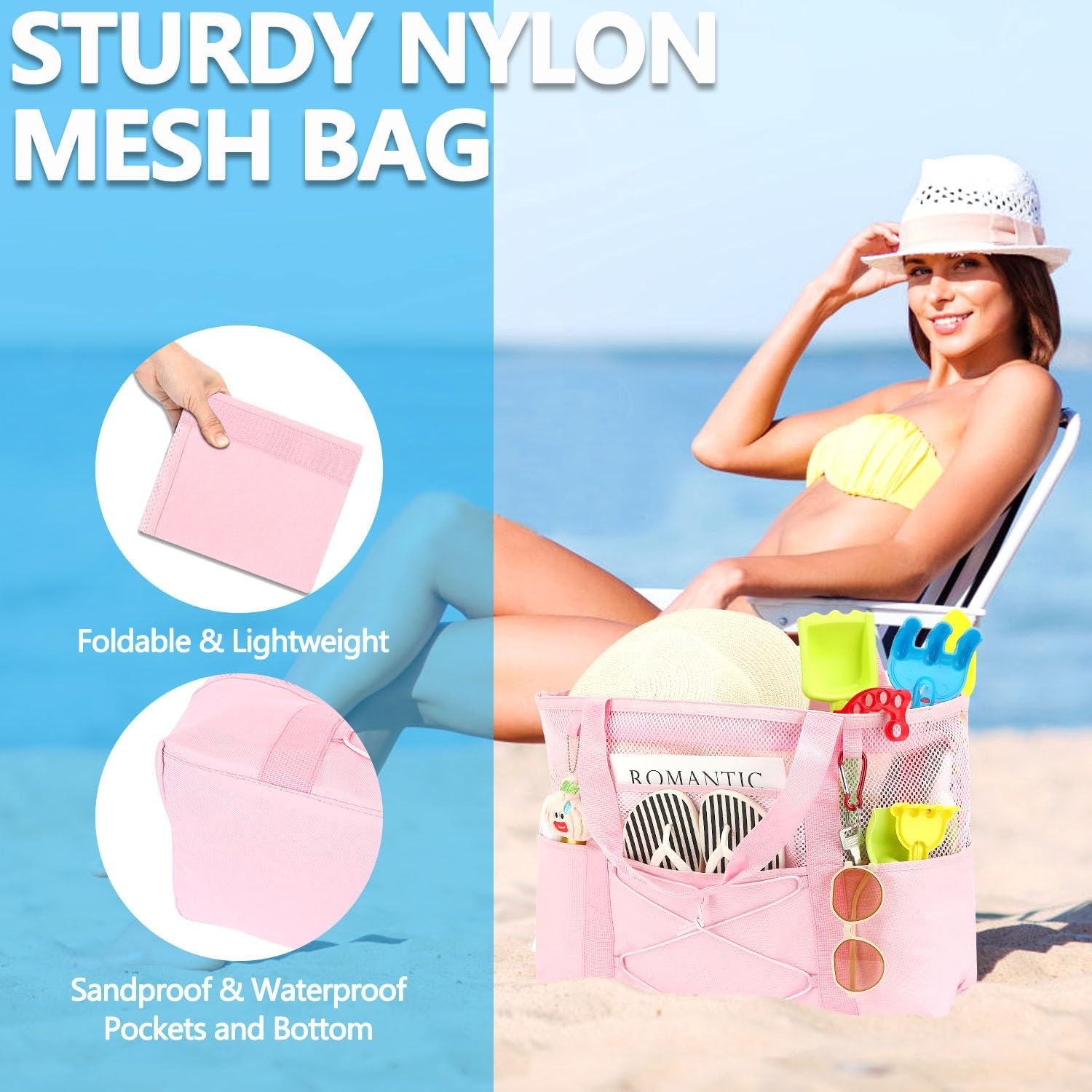 image:imageFammart Mesh Beach Bag for Women Large Beach Toy Pool Bag with Zipper Pocket SandProof Cruise Essentials 2026 Family TravelLarge Sandproof Pink