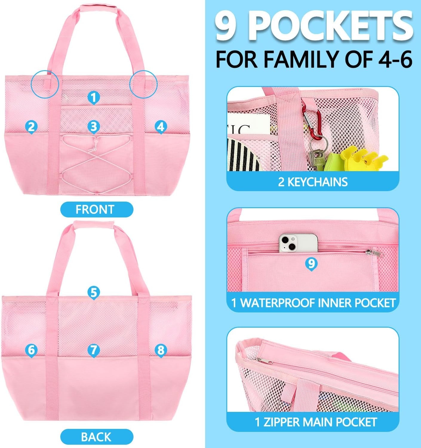 image:imageFammart Mesh Beach Bag for Women Large Beach Toy Pool Bag with Zipper Pocket SandProof Cruise Essentials 2026 Family TravelLarge Sandproof Pink