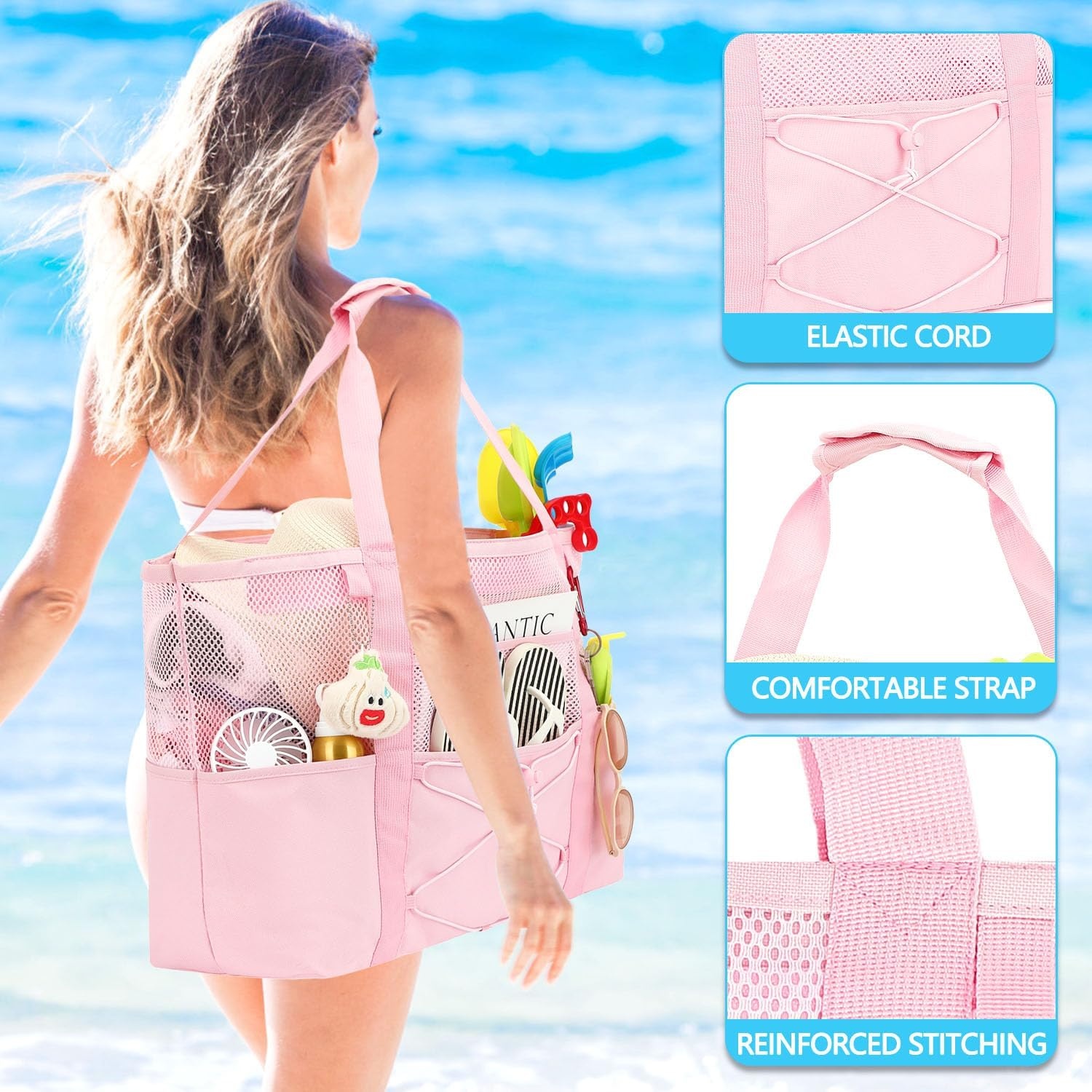 image:imageFammart Mesh Beach Bag for Women Large Beach Toy Pool Bag with Zipper Pocket SandProof Cruise Essentials 2026 Family TravelLarge Sandproof Pink