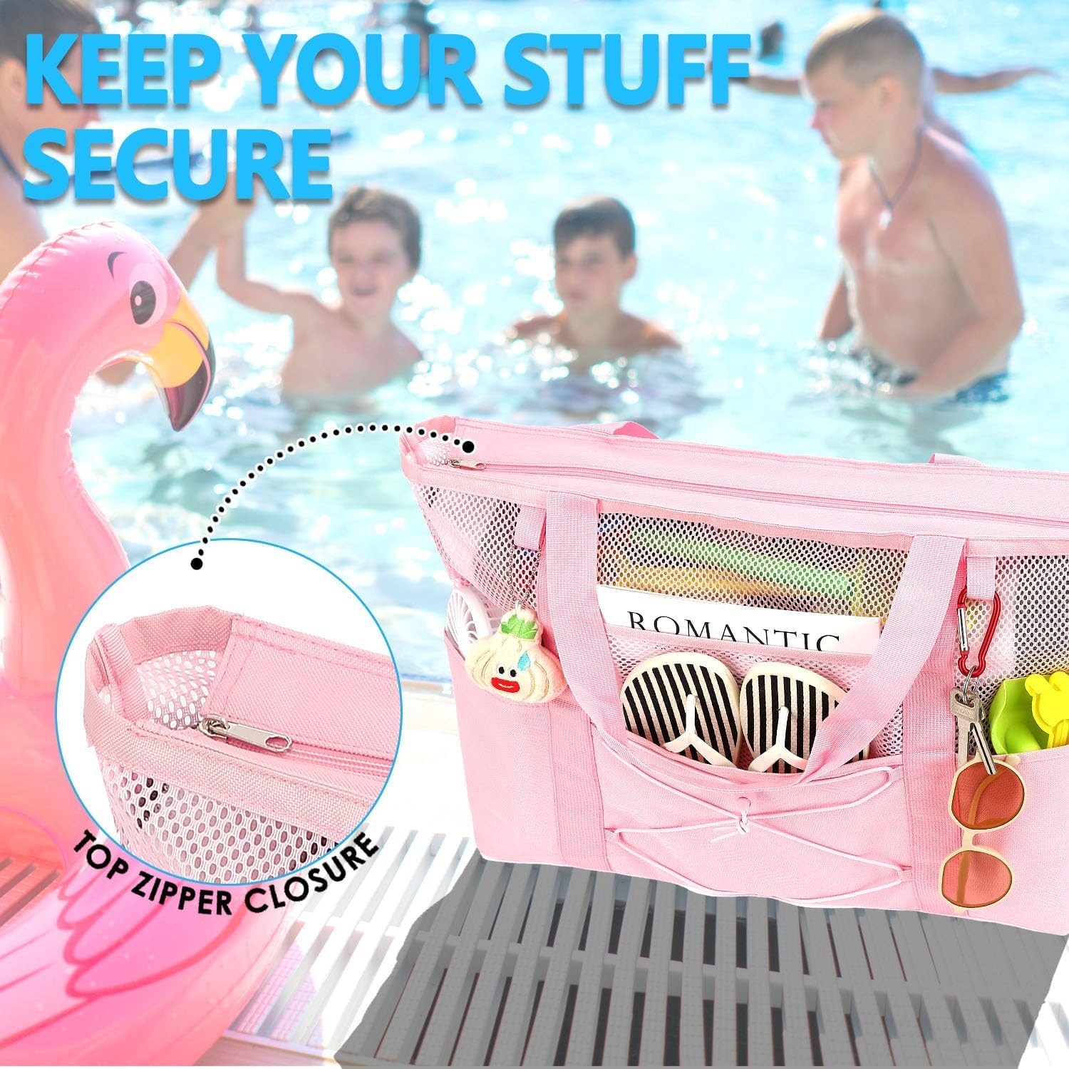 image:imageFammart Mesh Beach Bag for Women Large Beach Toy Pool Bag with Zipper Pocket SandProof Cruise Essentials 2026 Family TravelLarge Sandproof Pink