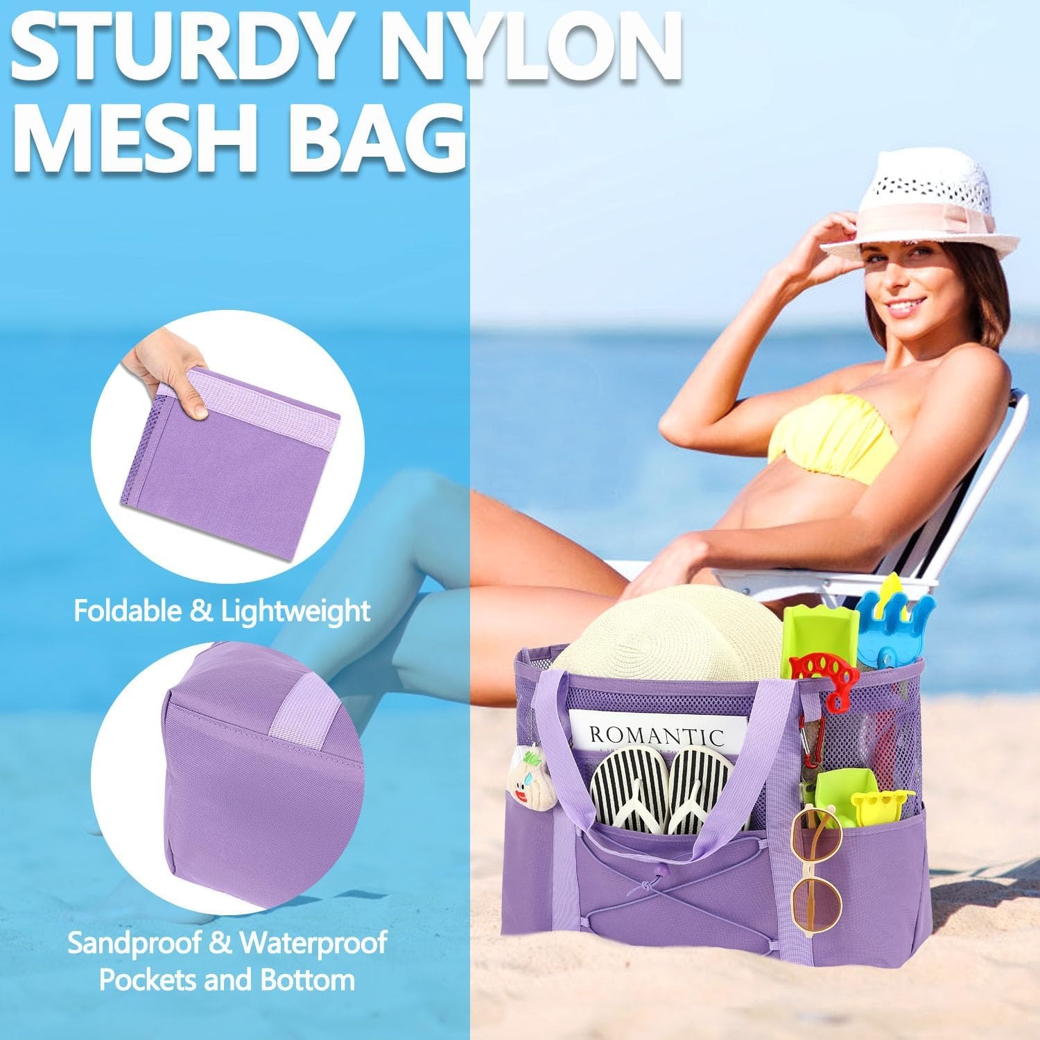image:imageFammart Mesh Beach Bag for Women Large Beach Toy Pool Bag with Zipper Pocket SandProof Cruise Essentials 2026 Family TravelLarge Sandproof Purple