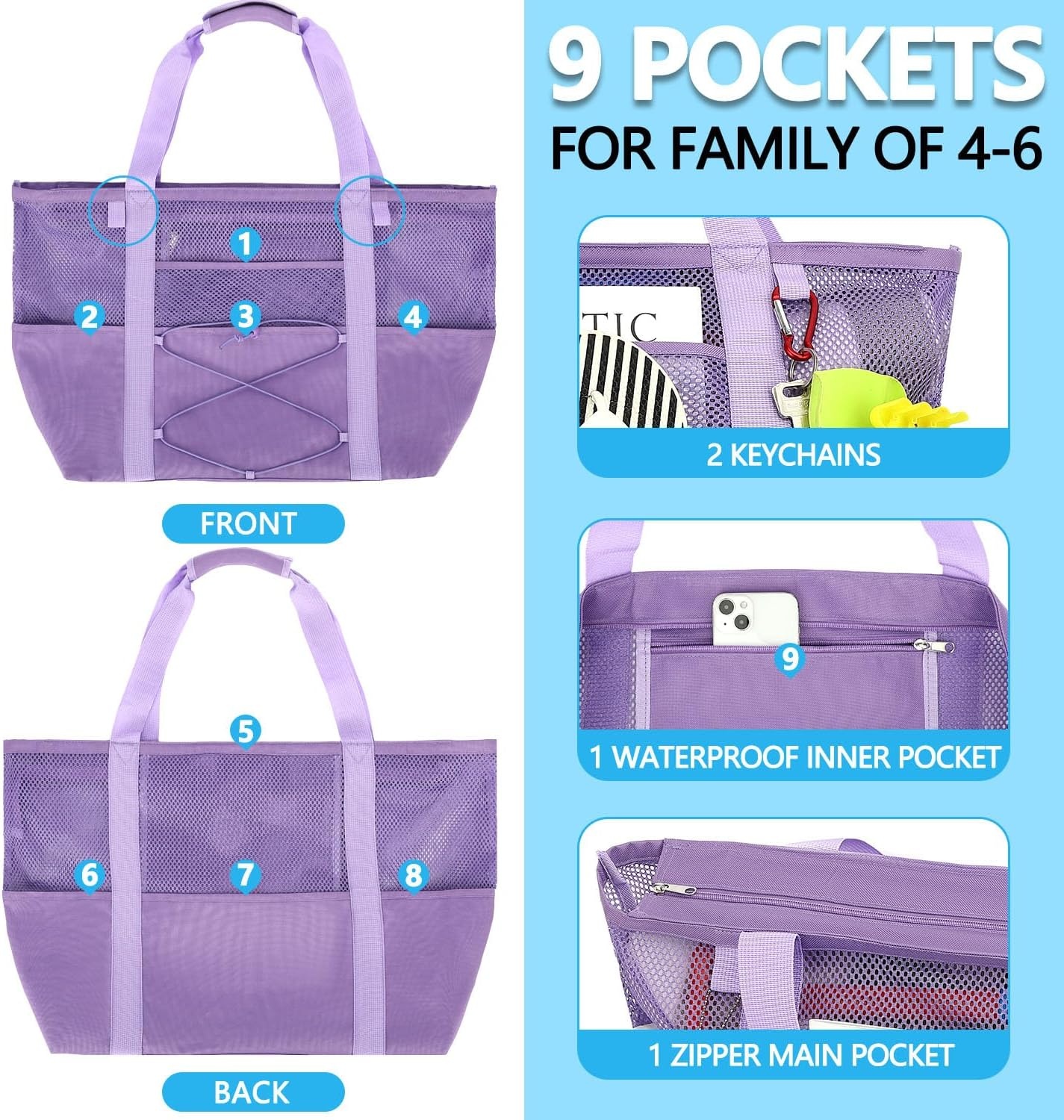 image:imageFammart Mesh Beach Bag for Women Large Beach Toy Pool Bag with Zipper Pocket SandProof Cruise Essentials 2026 Family TravelLarge Sandproof Purple