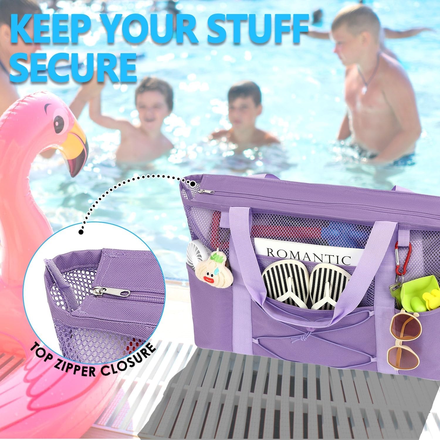 image:imageFammart Mesh Beach Bag for Women Large Beach Toy Pool Bag with Zipper Pocket SandProof Cruise Essentials 2026 Family TravelLarge Sandproof Purple