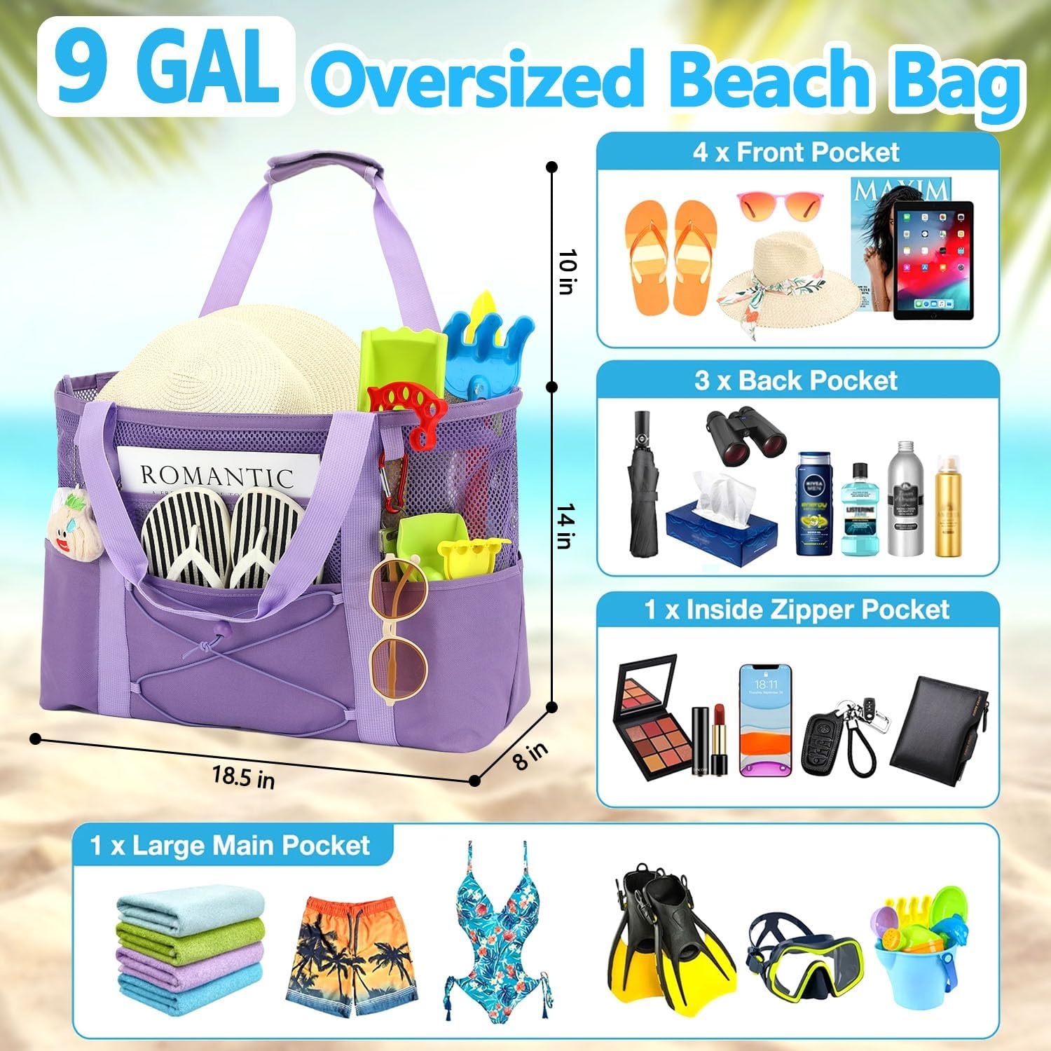 image:imageFammart Mesh Beach Bag for Women Large Beach Toy Pool Bag with Zipper Pocket SandProof Cruise Essentials 2026 Family TravelLarge Sandproof Purple