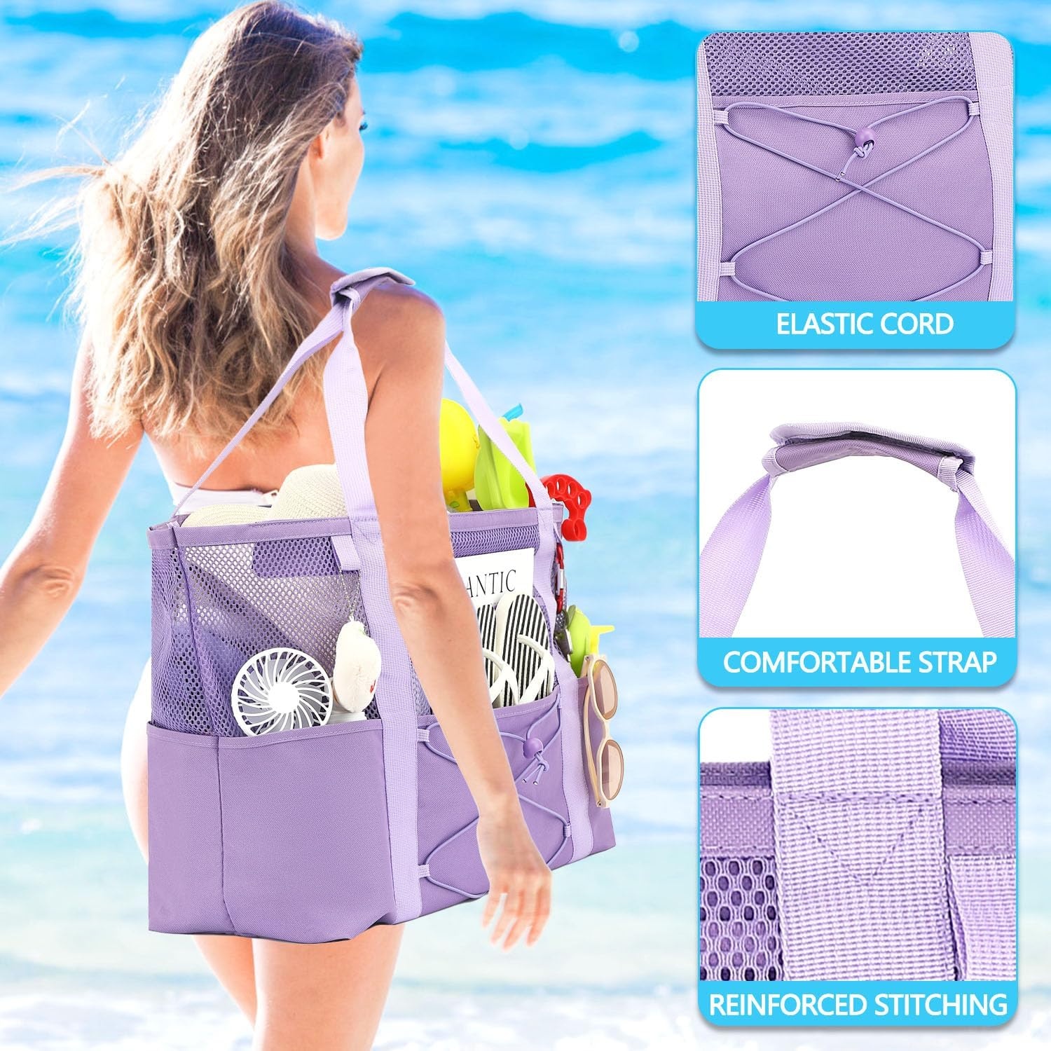 image:imageFammart Mesh Beach Bag for Women Large Beach Toy Pool Bag with Zipper Pocket SandProof Cruise Essentials 2026 Family TravelLarge Sandproof Purple