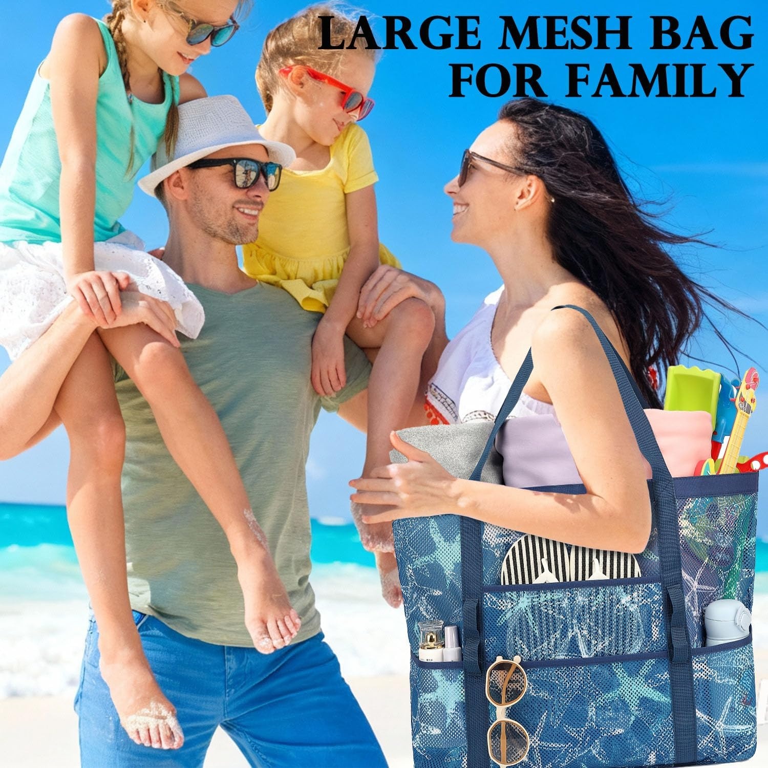 image:imageFammart Mesh Beach Bag for Women Large Beach Toy Pool Bag with Zipper Pocket SandProof Cruise Essentials 2026 Family TravelLarge Starfish