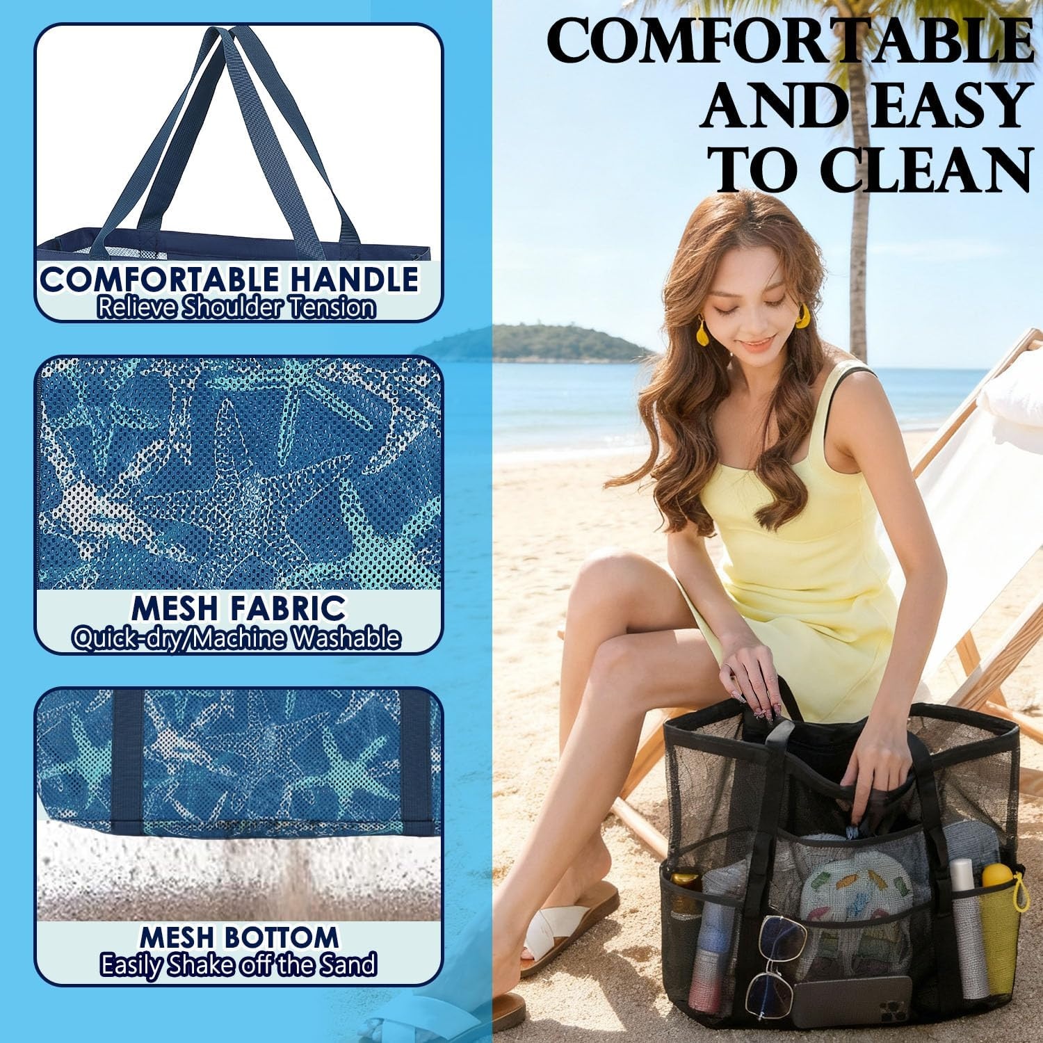 image:imageFammart Mesh Beach Bag for Women Large Beach Toy Pool Bag with Zipper Pocket SandProof Cruise Essentials 2026 Family TravelLarge Starfish