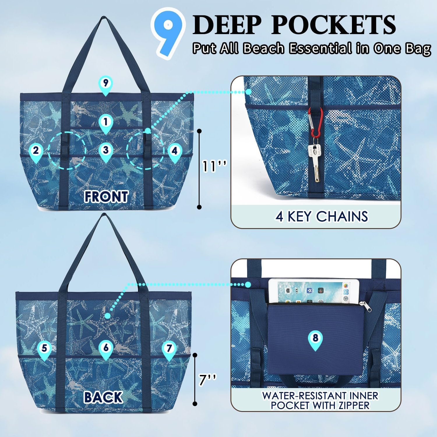 image:imageFammart Mesh Beach Bag for Women Large Beach Toy Pool Bag with Zipper Pocket SandProof Cruise Essentials 2026 Family TravelLarge Starfish