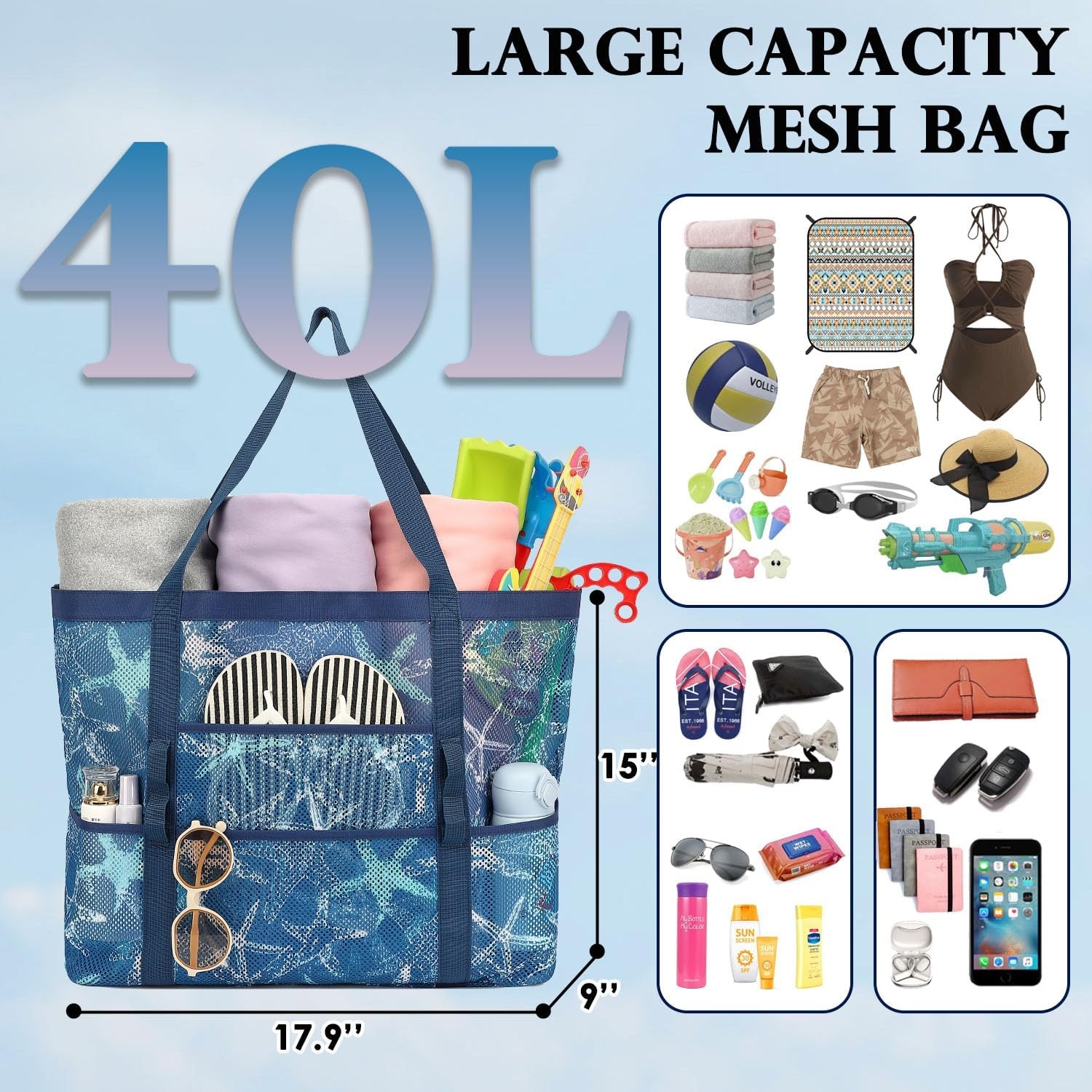 image:imageFammart Mesh Beach Bag for Women Large Beach Toy Pool Bag with Zipper Pocket SandProof Cruise Essentials 2026 Family TravelLarge Starfish
