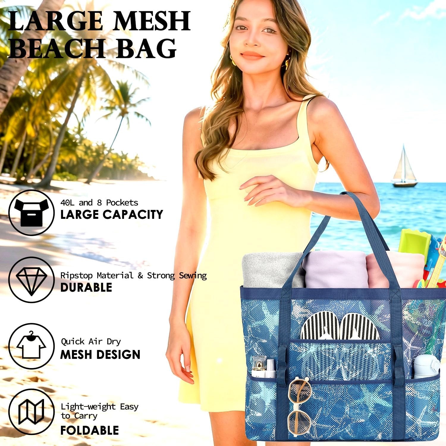 image:imageFammart Mesh Beach Bag for Women Large Beach Toy Pool Bag with Zipper Pocket SandProof Cruise Essentials 2026 Family TravelLarge Starfish