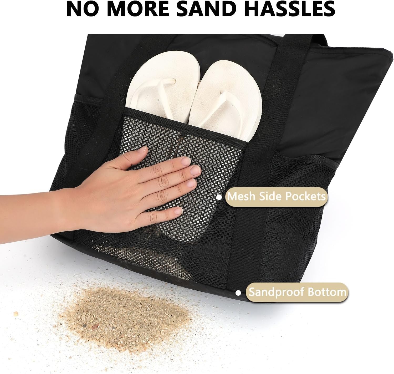 image:imageFammart Mesh Beach Bag for Women Large Beach Toy Pool Bag with Zipper Pocket SandProof Cruise Essentials 2026 Family TravelLarge Waterproof Black