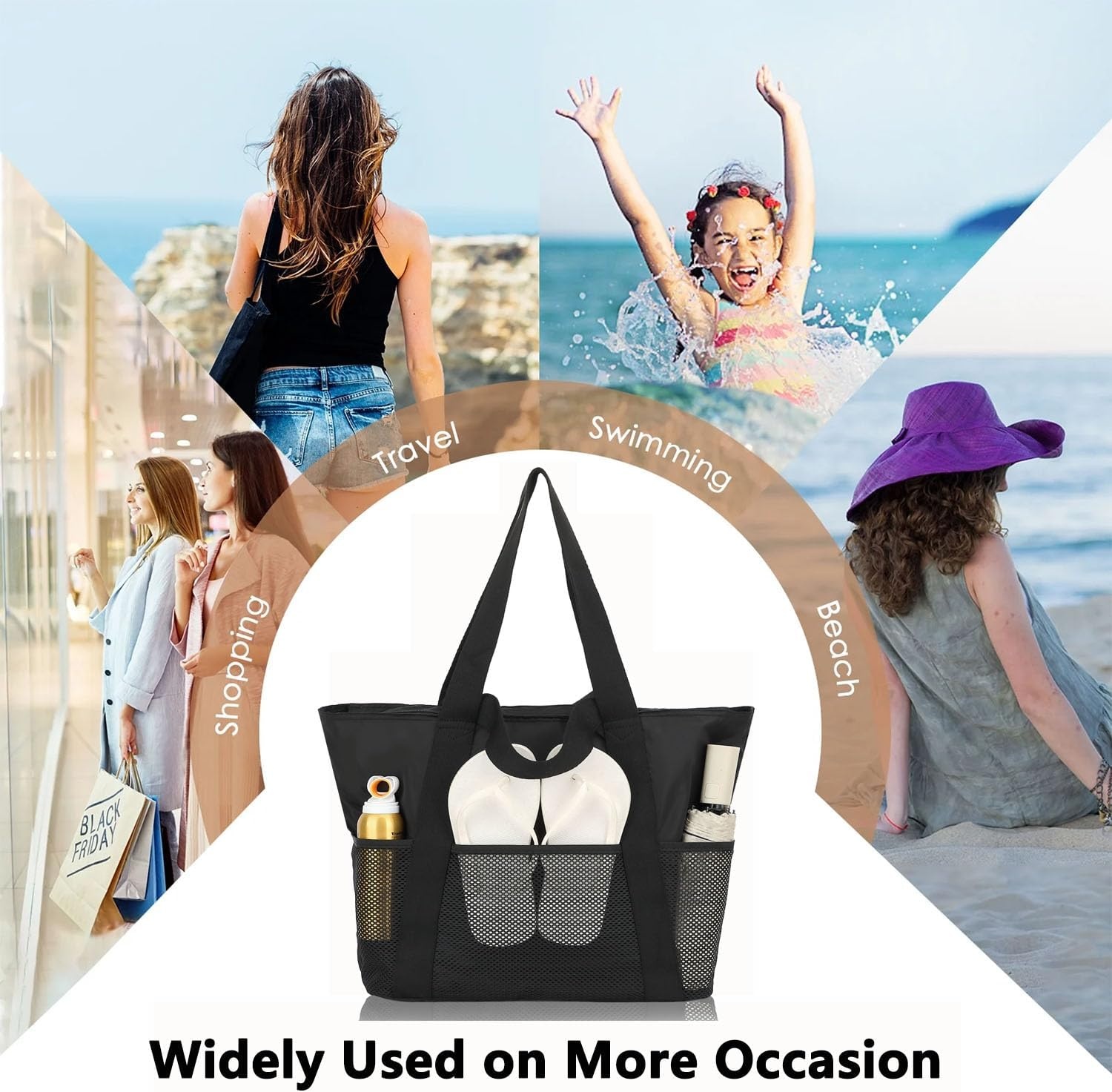image:imageFammart Mesh Beach Bag for Women Large Beach Toy Pool Bag with Zipper Pocket SandProof Cruise Essentials 2026 Family TravelLarge Waterproof Black