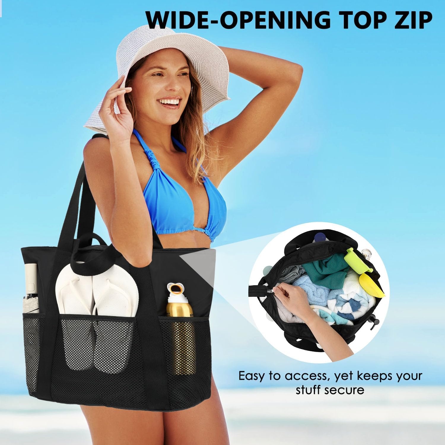 image:imageFammart Mesh Beach Bag for Women Large Beach Toy Pool Bag with Zipper Pocket SandProof Cruise Essentials 2026 Family TravelLarge Waterproof Black