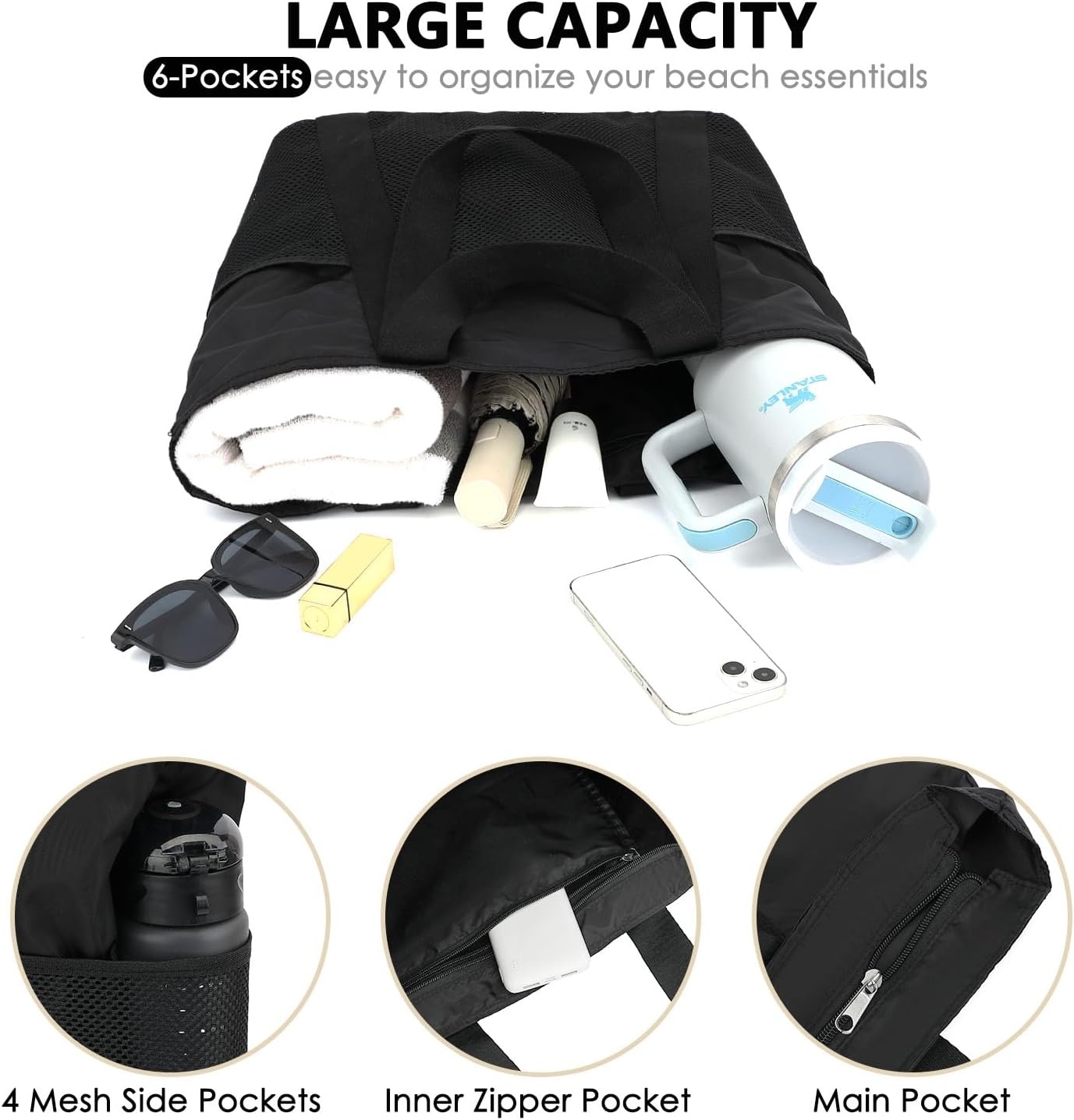 image:imageFammart Mesh Beach Bag for Women Large Beach Toy Pool Bag with Zipper Pocket SandProof Cruise Essentials 2026 Family TravelLarge Waterproof Black
