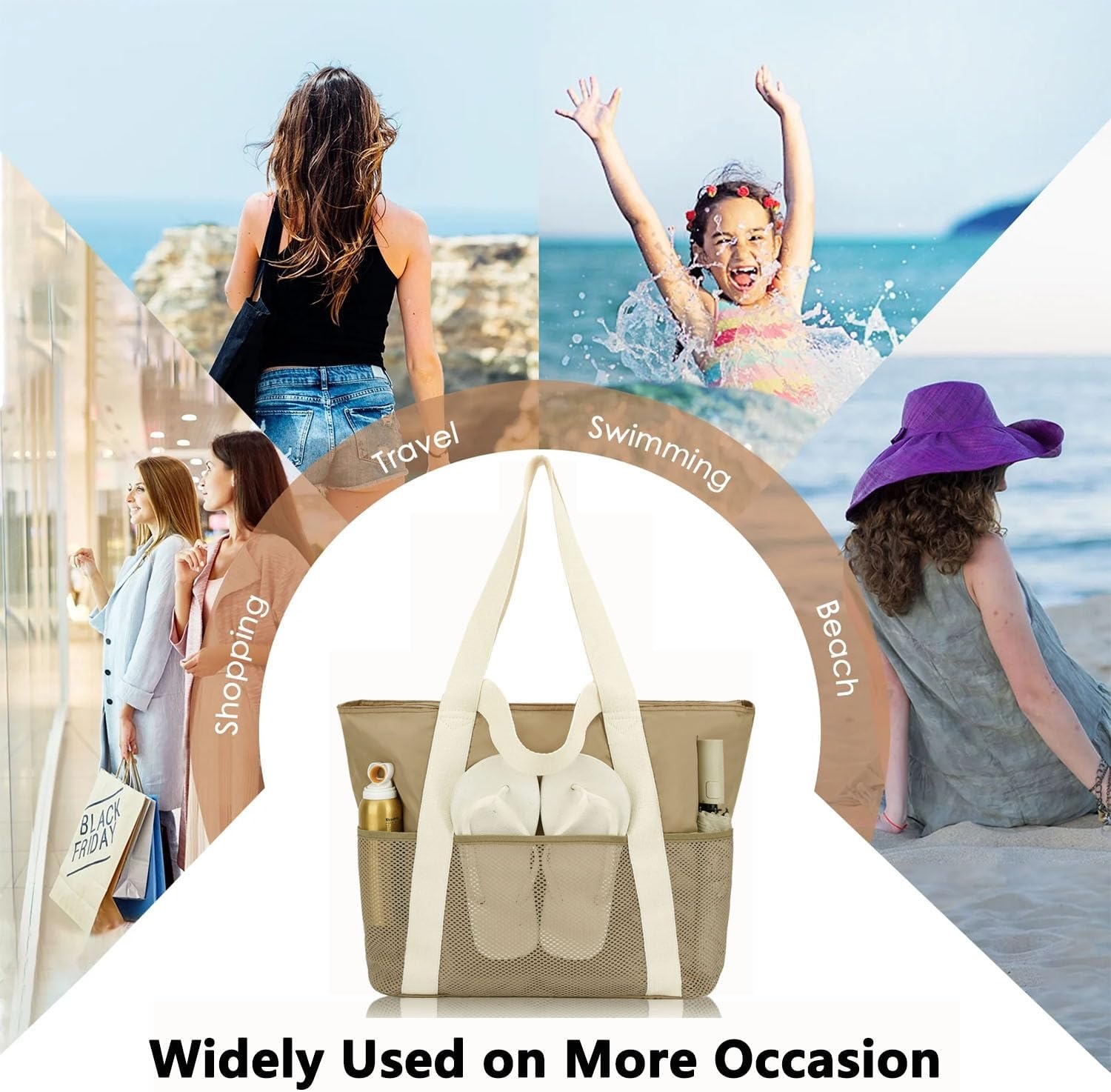 image:imageFammart Mesh Beach Bag for Women Large Beach Toy Pool Bag with Zipper Pocket SandProof Cruise Essentials 2026 Family TravelLarge Waterproof Khaki