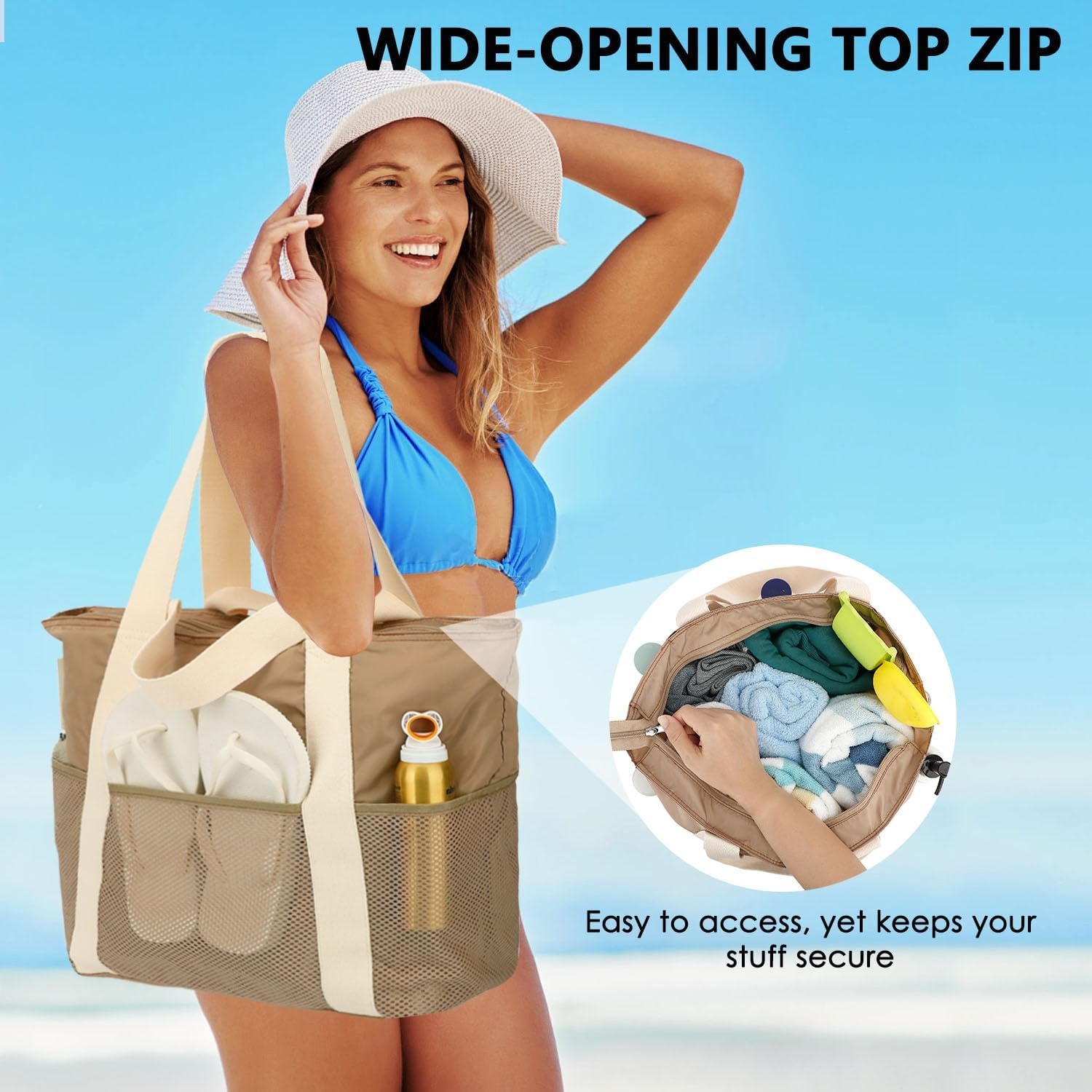 image:imageFammart Mesh Beach Bag for Women Large Beach Toy Pool Bag with Zipper Pocket SandProof Cruise Essentials 2026 Family TravelLarge Waterproof Khaki