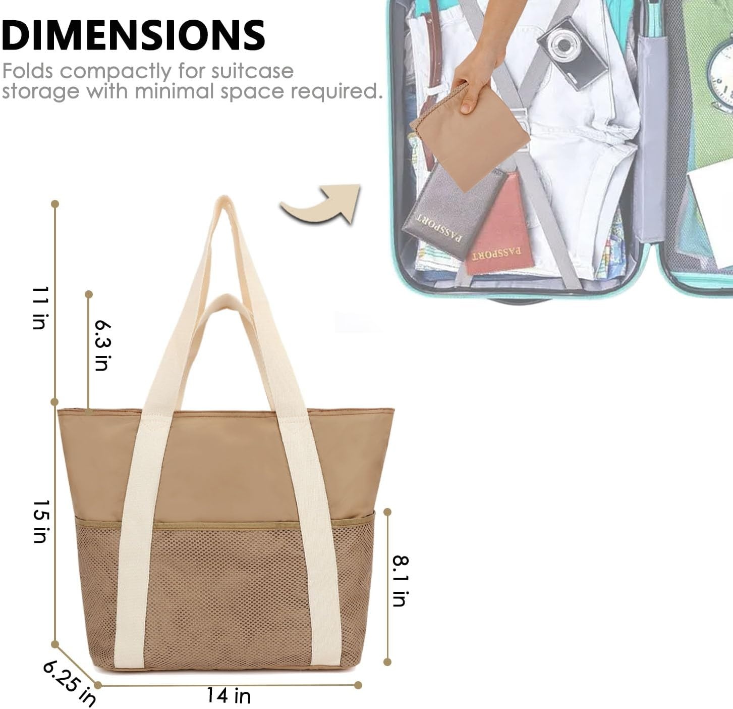 image:imageFammart Mesh Beach Bag for Women Large Beach Toy Pool Bag with Zipper Pocket SandProof Cruise Essentials 2026 Family TravelLarge Waterproof Khaki