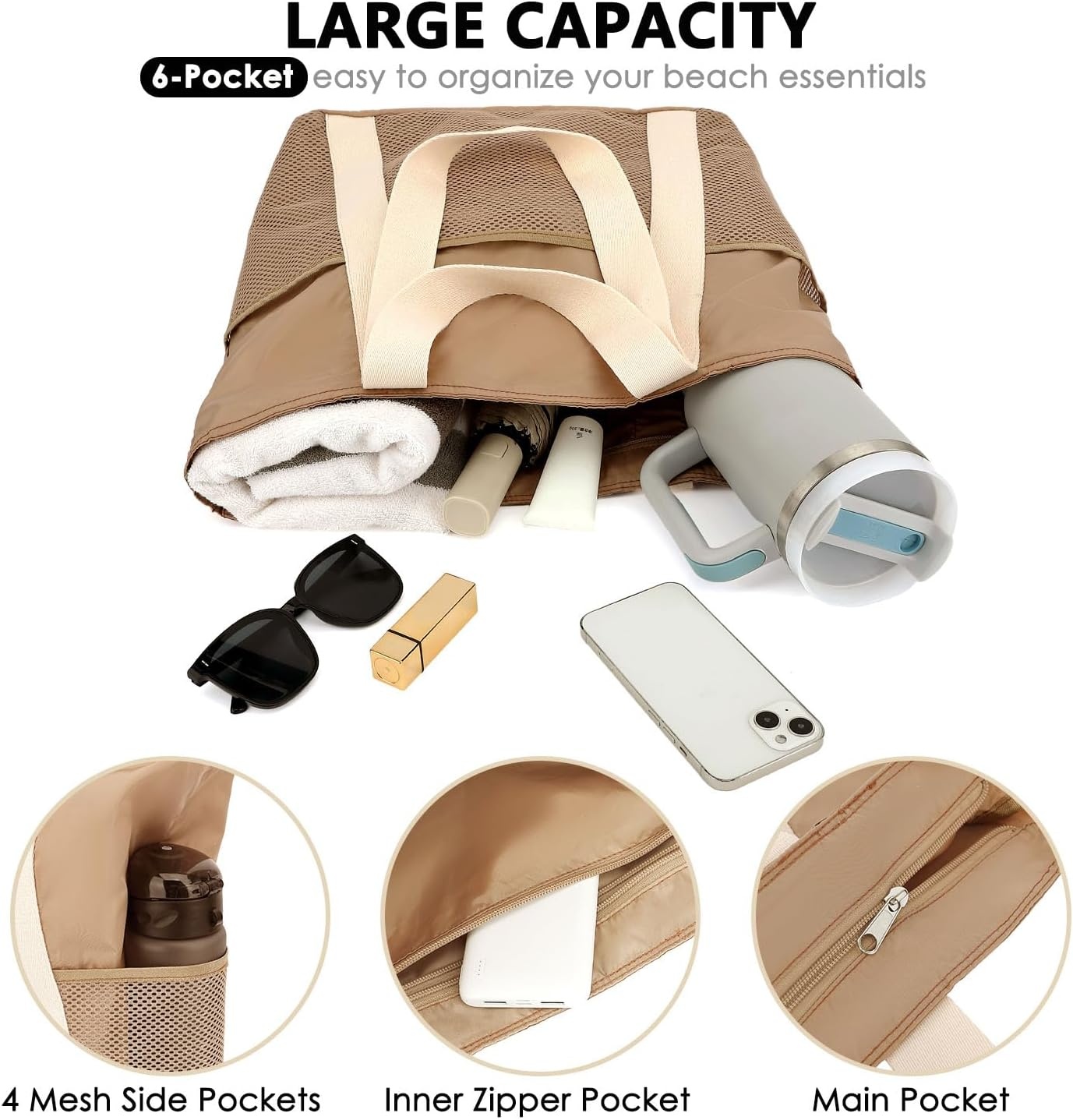 image:imageFammart Mesh Beach Bag for Women Large Beach Toy Pool Bag with Zipper Pocket SandProof Cruise Essentials 2026 Family TravelLarge Waterproof Khaki