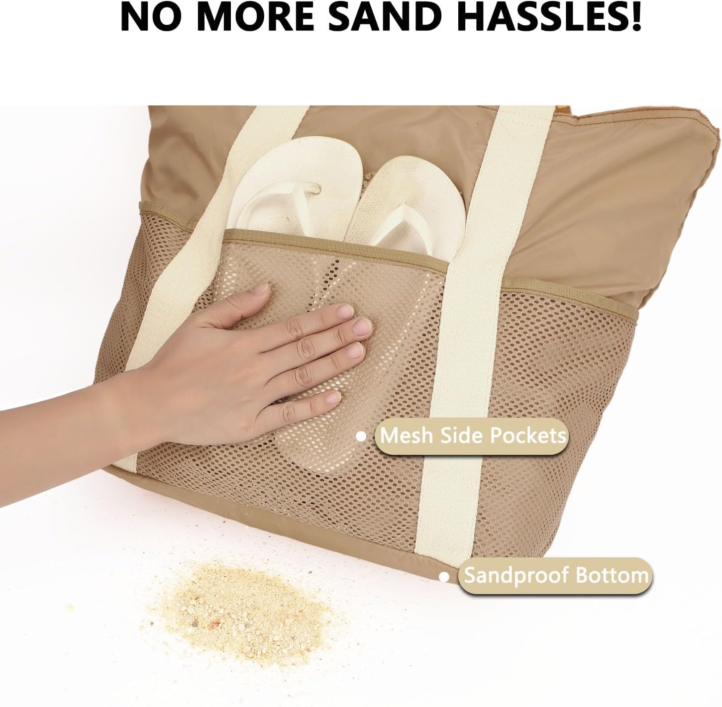 image:imageFammart Mesh Beach Bag for Women Large Beach Toy Pool Bag with Zipper Pocket SandProof Cruise Essentials 2026 Family TravelLarge Waterproof Khaki