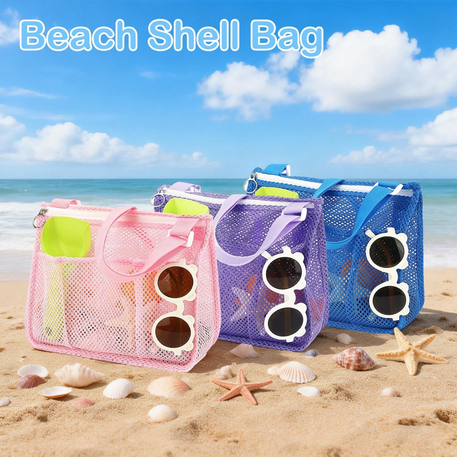 image:imageFammart Mesh Beach Bag for Women Large Beach Toy Pool Bag with Zipper Pocket SandProof Cruise Essentials 2026 Family TravelSmall 3pcs Pink Purple Blue