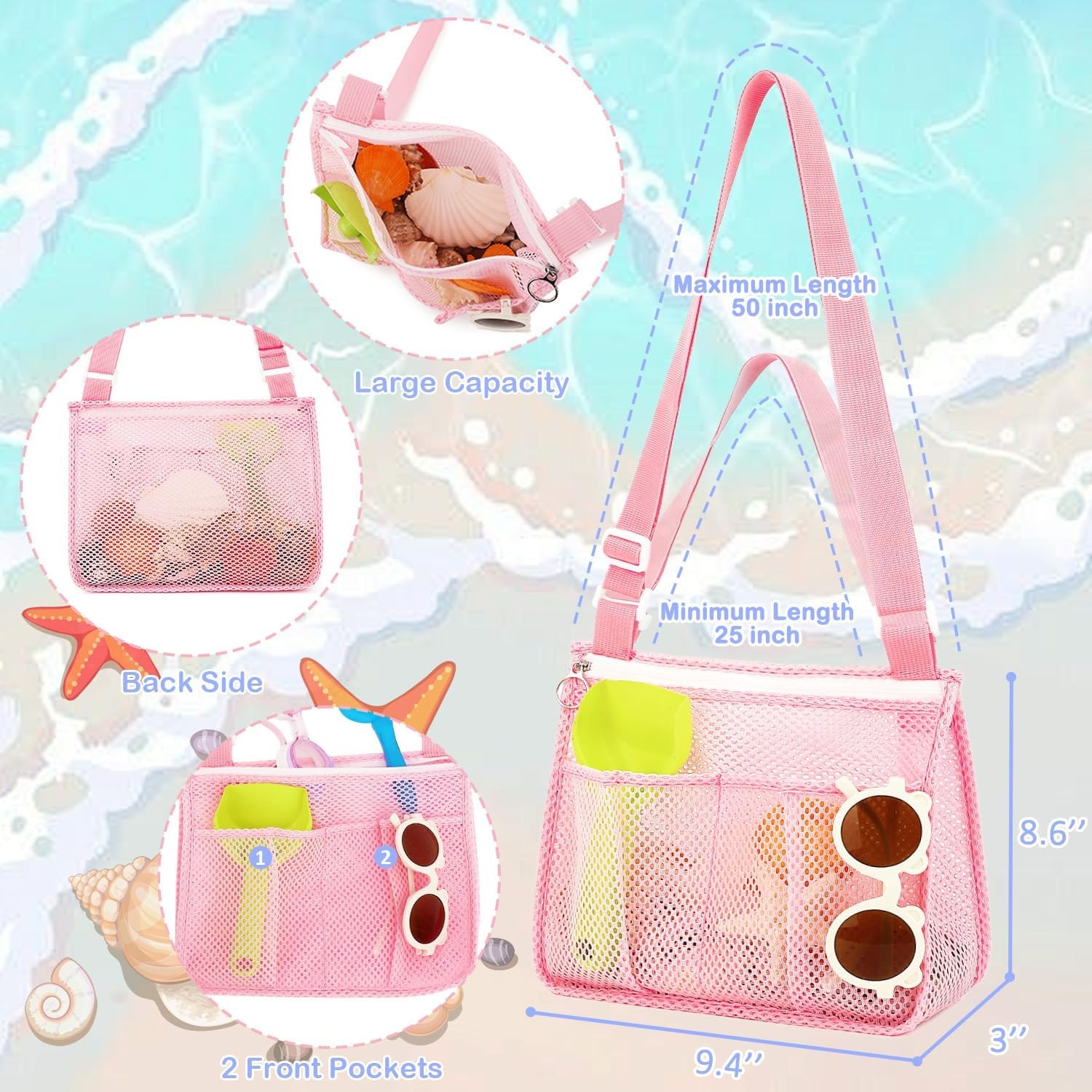 image:imageFammart Mesh Beach Bag for Women Large Beach Toy Pool Bag with Zipper Pocket SandProof Cruise Essentials 2026 Family TravelSmall 3pcs Pink Purple Blue