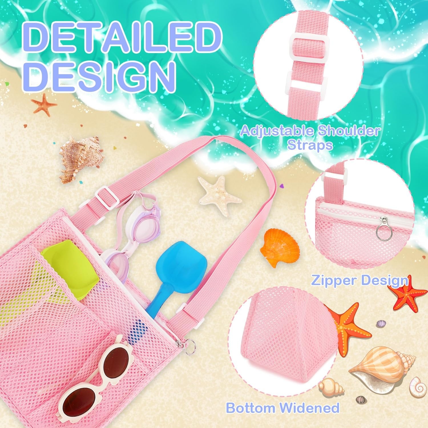 image:imageFammart Mesh Beach Bag for Women Large Beach Toy Pool Bag with Zipper Pocket SandProof Cruise Essentials 2026 Family TravelSmall 3pcs Pink Purple Blue
